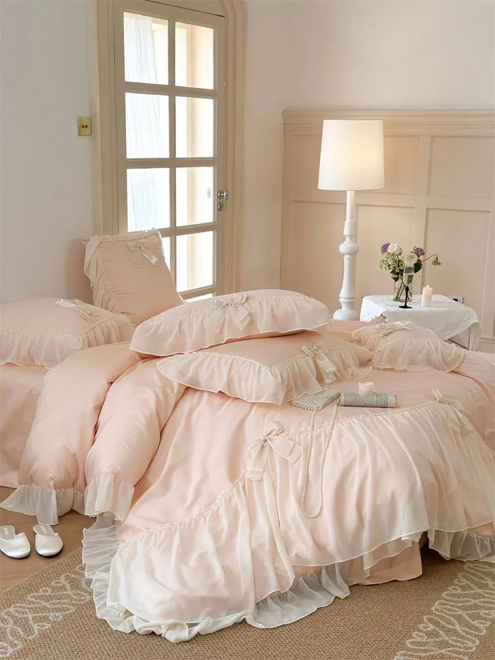 Ribbon Bow Airy Lace Bedding Set / Cream White Ever Lasting