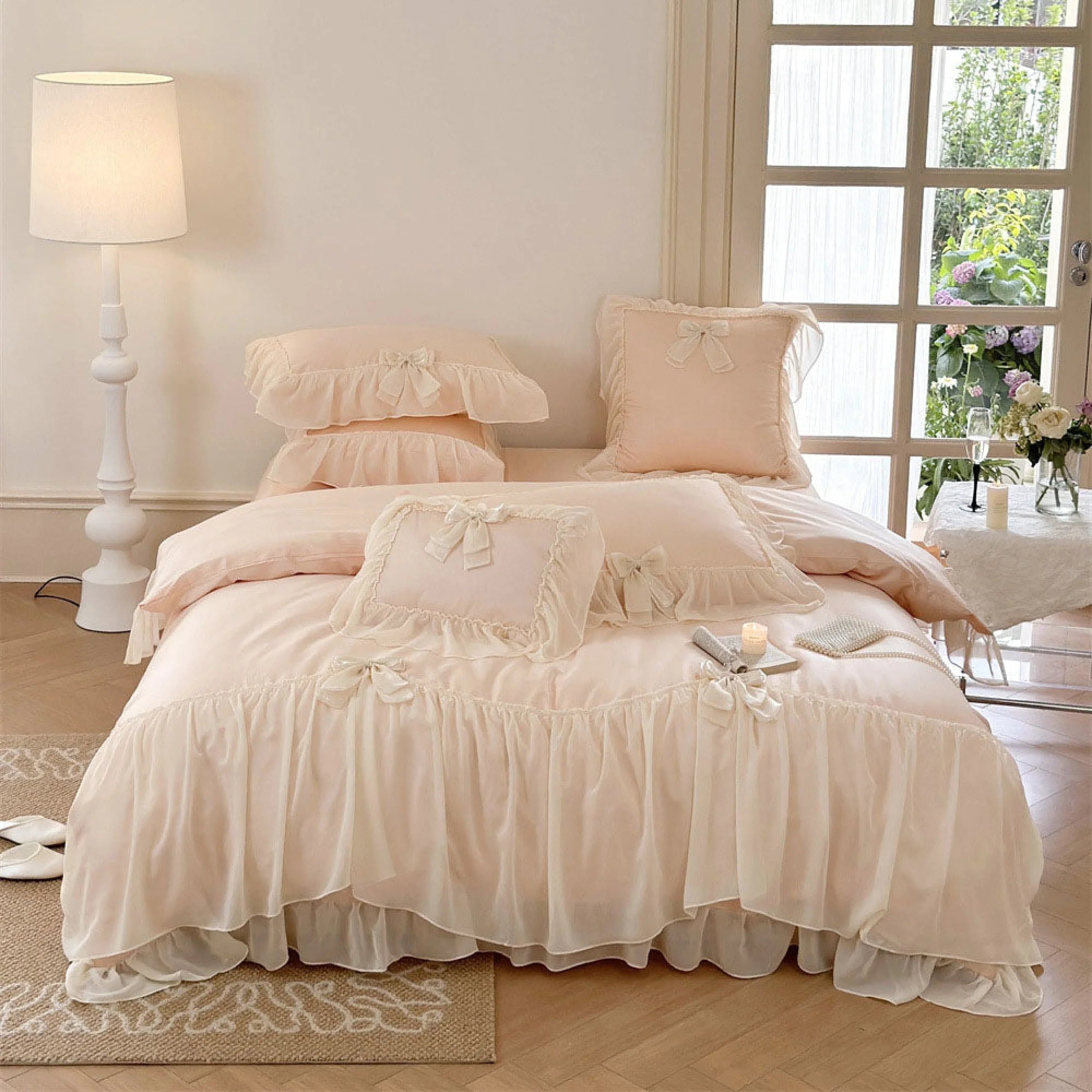 Ribbon Bow Airy Lace Bedding Set / Cream White Ever Lasting