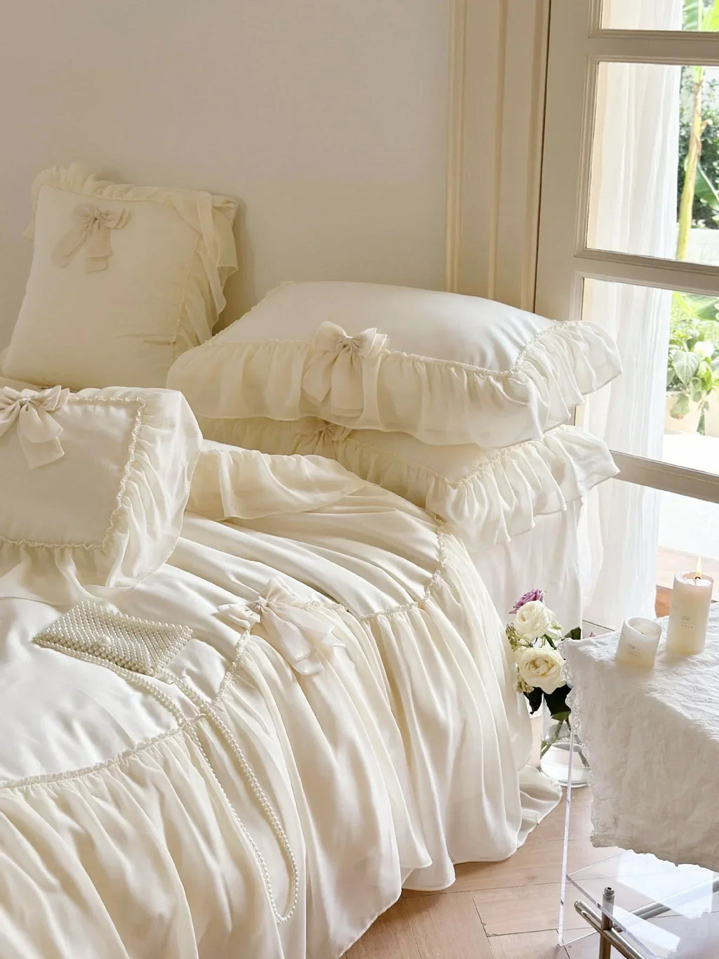 Ribbon Bow Airy Lace Bedding Set / Cream White Ever Lasting