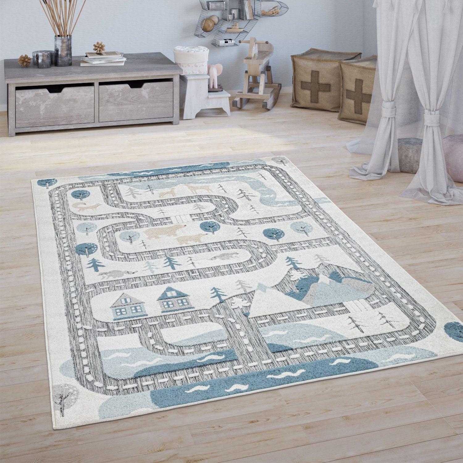 Road Traffic Kids Rug with Forest Animals and Sea Play Mat in muted Cream RugYourHome