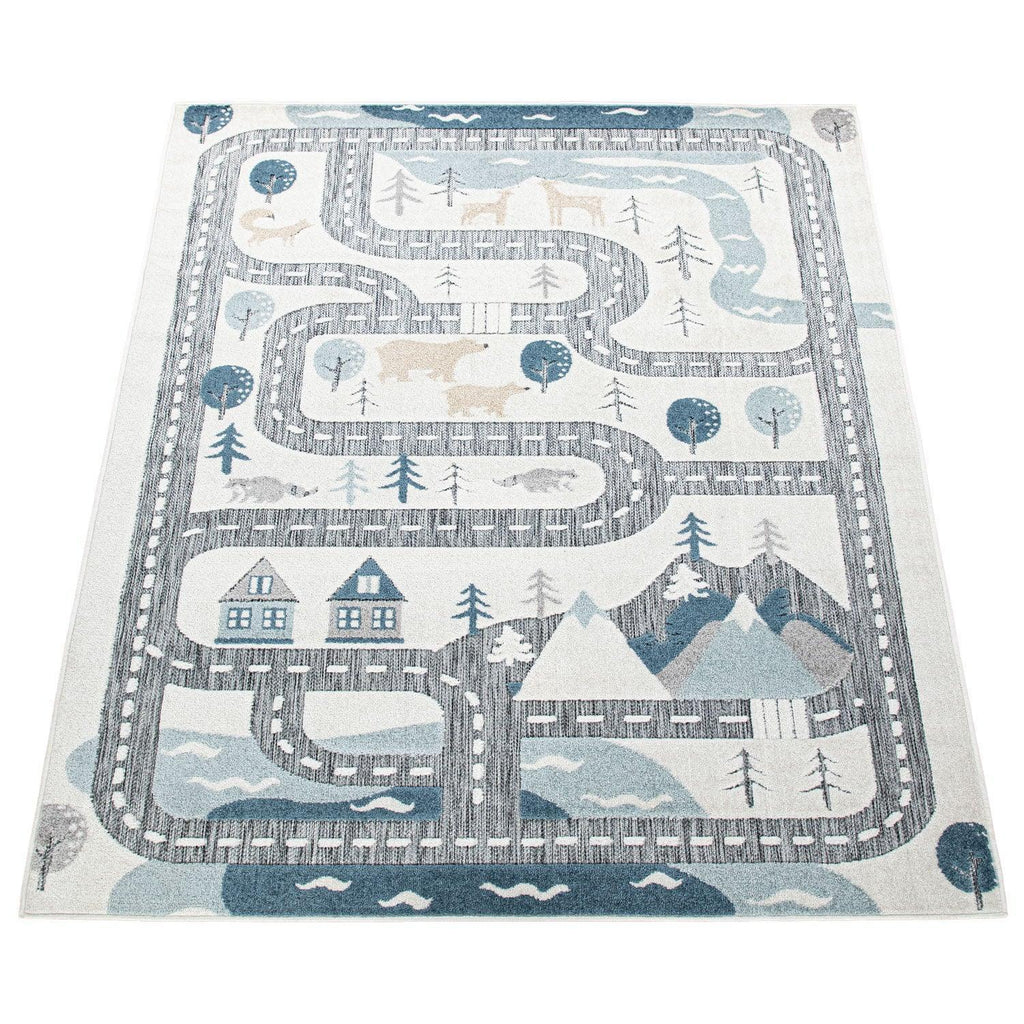 Road Traffic Kids Rug with Forest Animals and Sea Play Mat in muted Cream RugYourHome