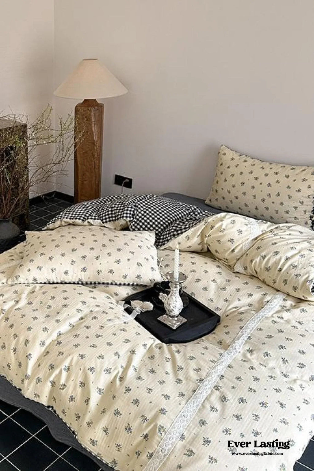 Rosalie Floral Lace Gingham Bedding Set / Pink Ever Lasting