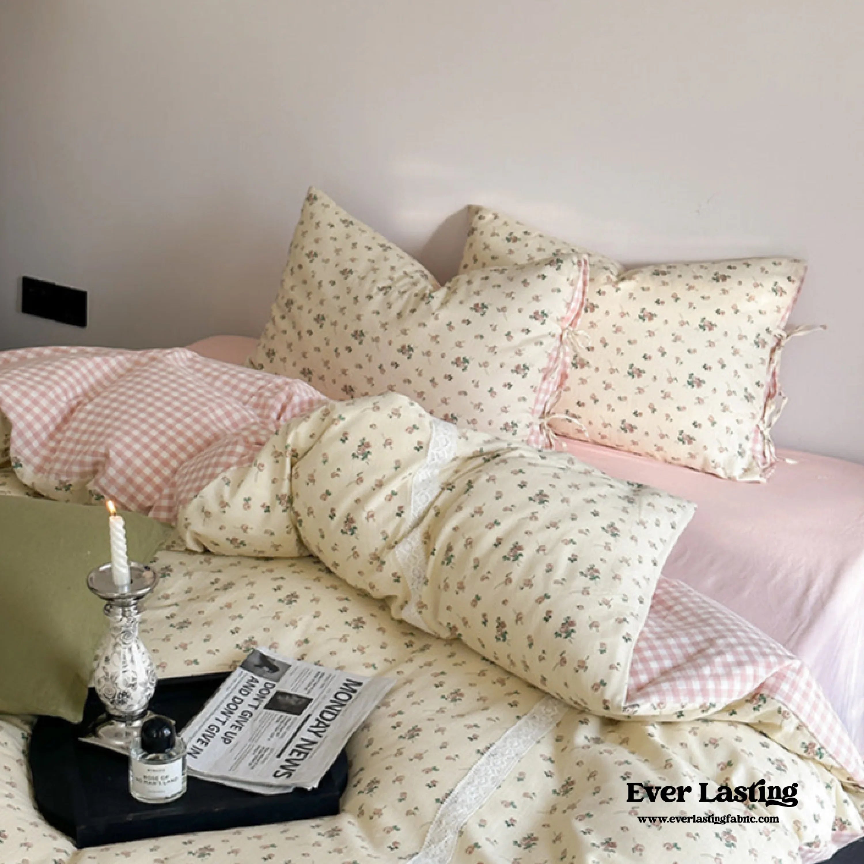 Rosalie Floral Lace Gingham Bedding Set / Pink Ever Lasting