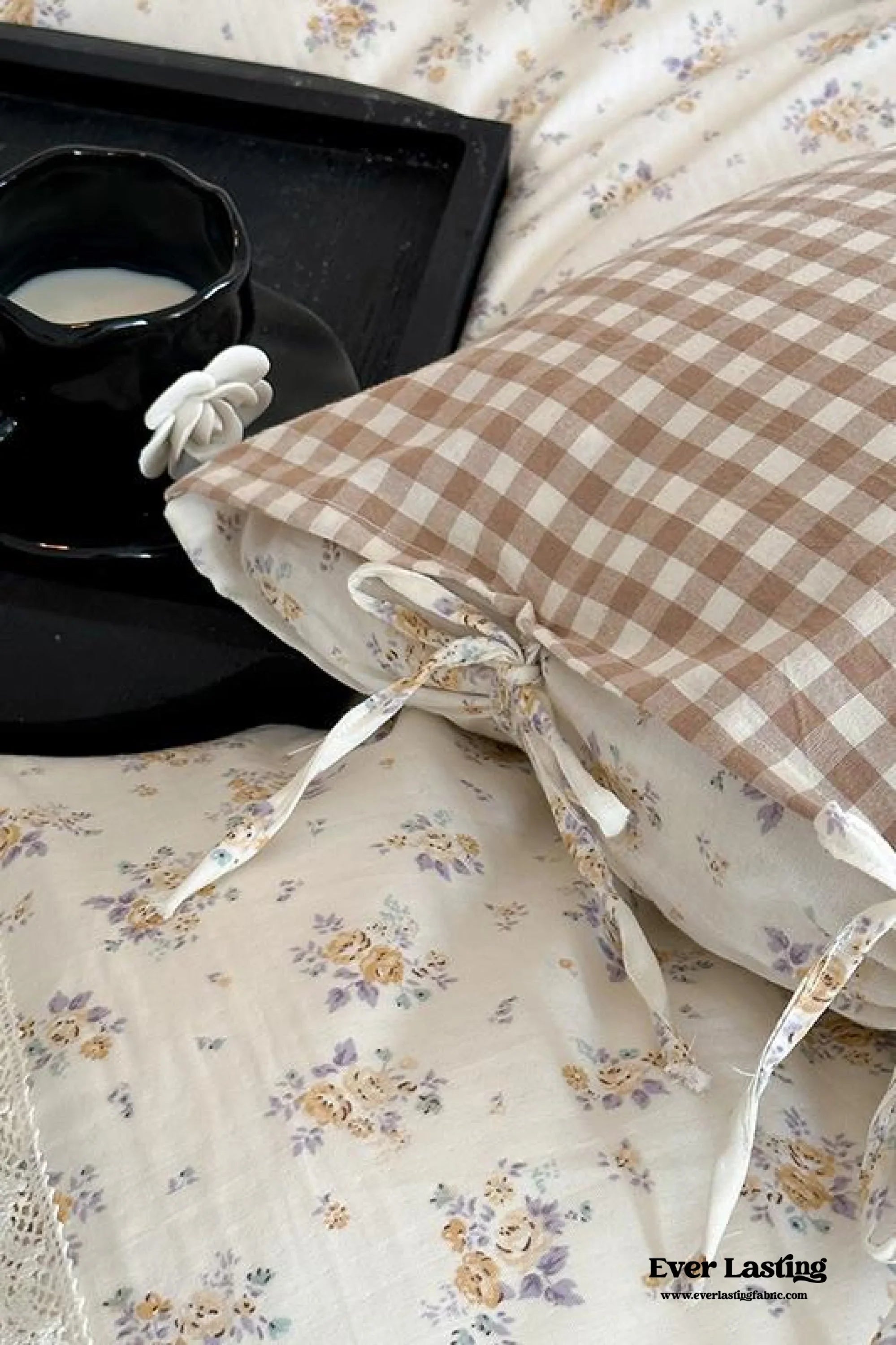 Rosalie Floral Lace Gingham Bedding Set / Pink Ever Lasting