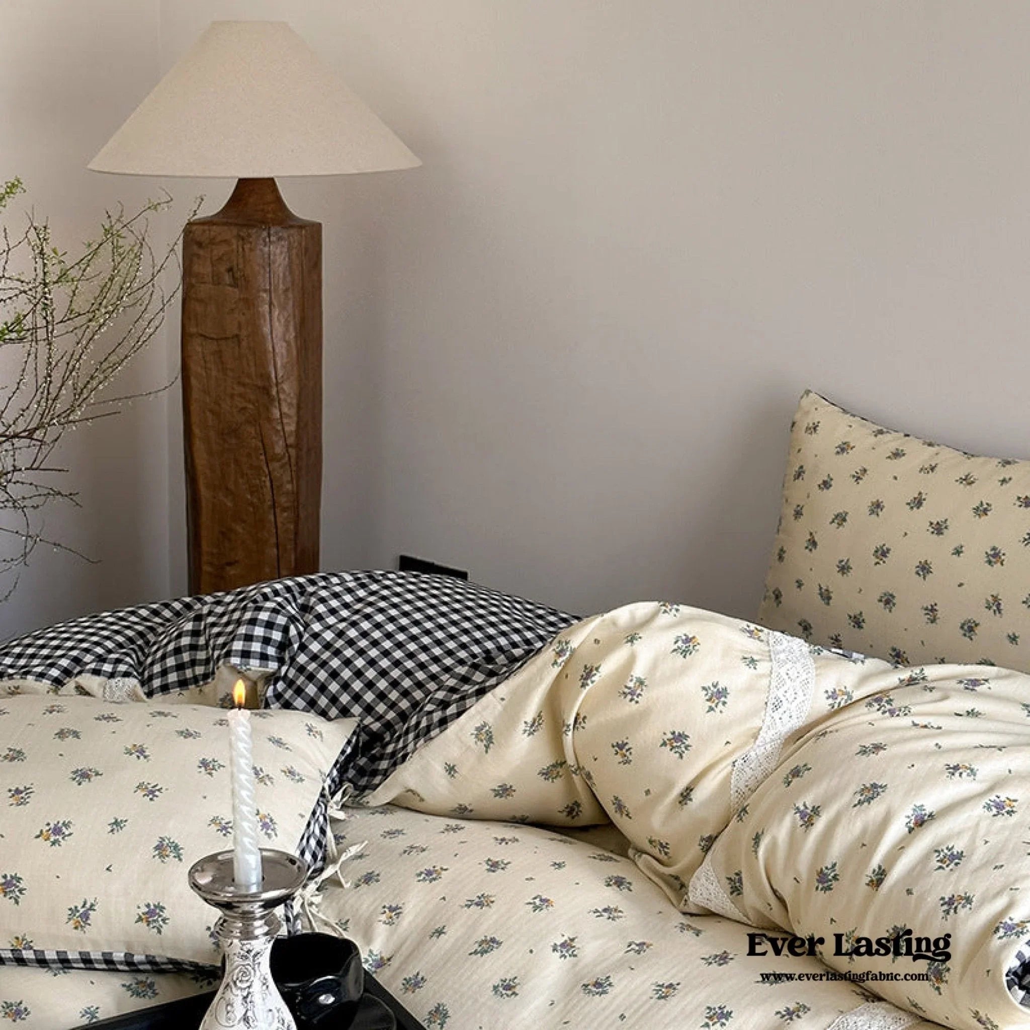 Rosalie Floral Lace Gingham Bedding Set / Pink Ever Lasting