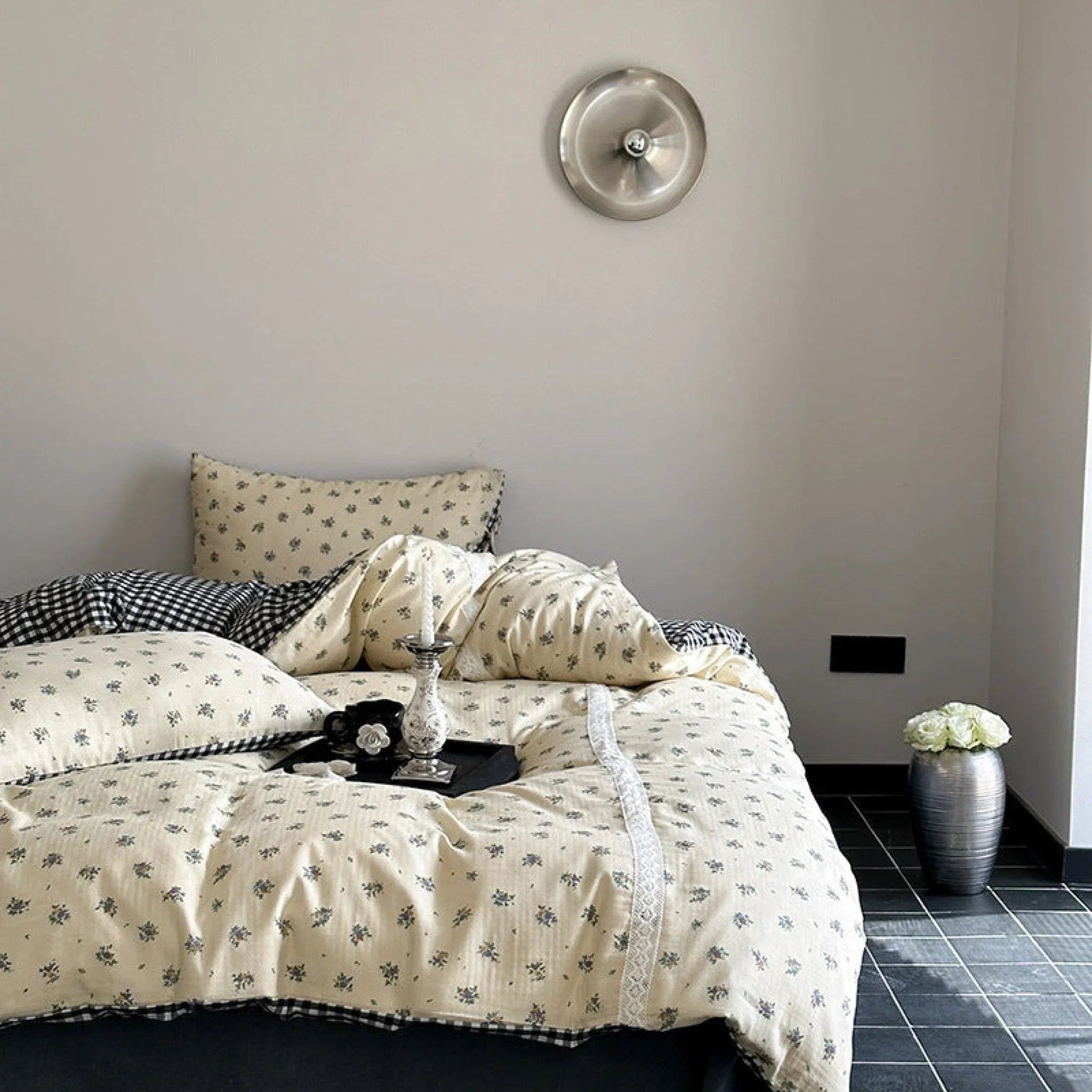 Rosalie Floral Lace Gingham Bedding Set / Pink Ever Lasting