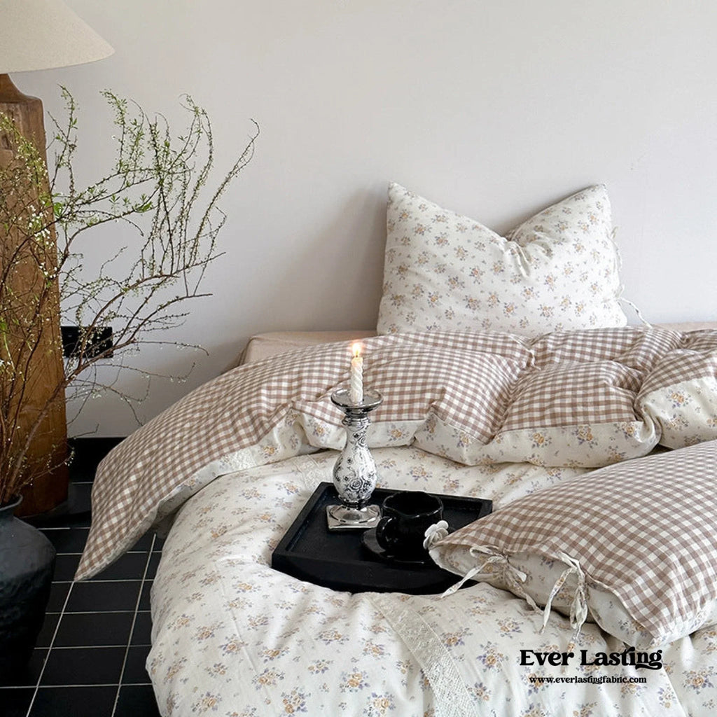 Rosalie Floral Lace Gingham Bedding Set / Pink Ever Lasting