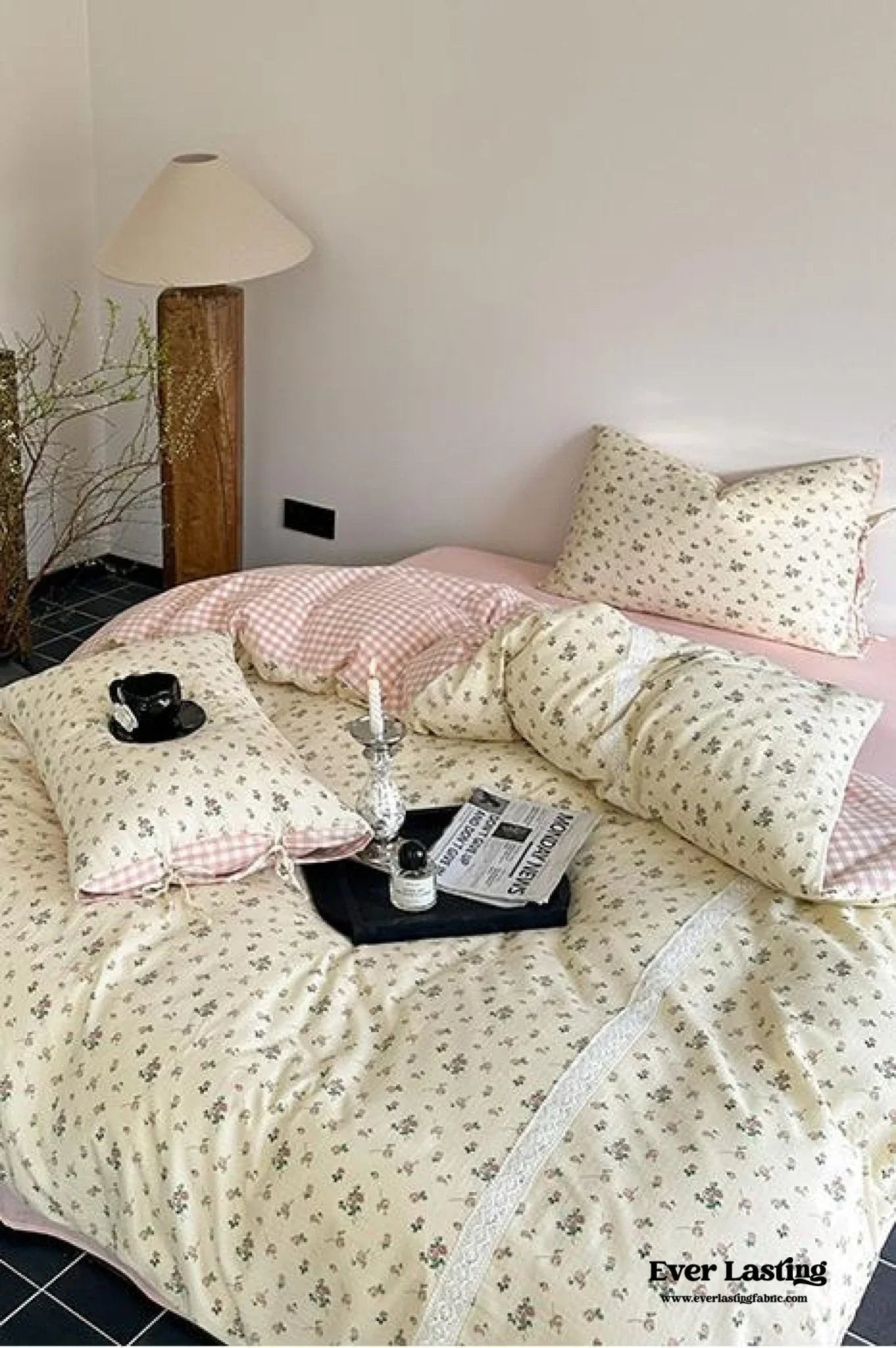 Rosalie Floral Lace Gingham Bedding Set / Pink Ever Lasting
