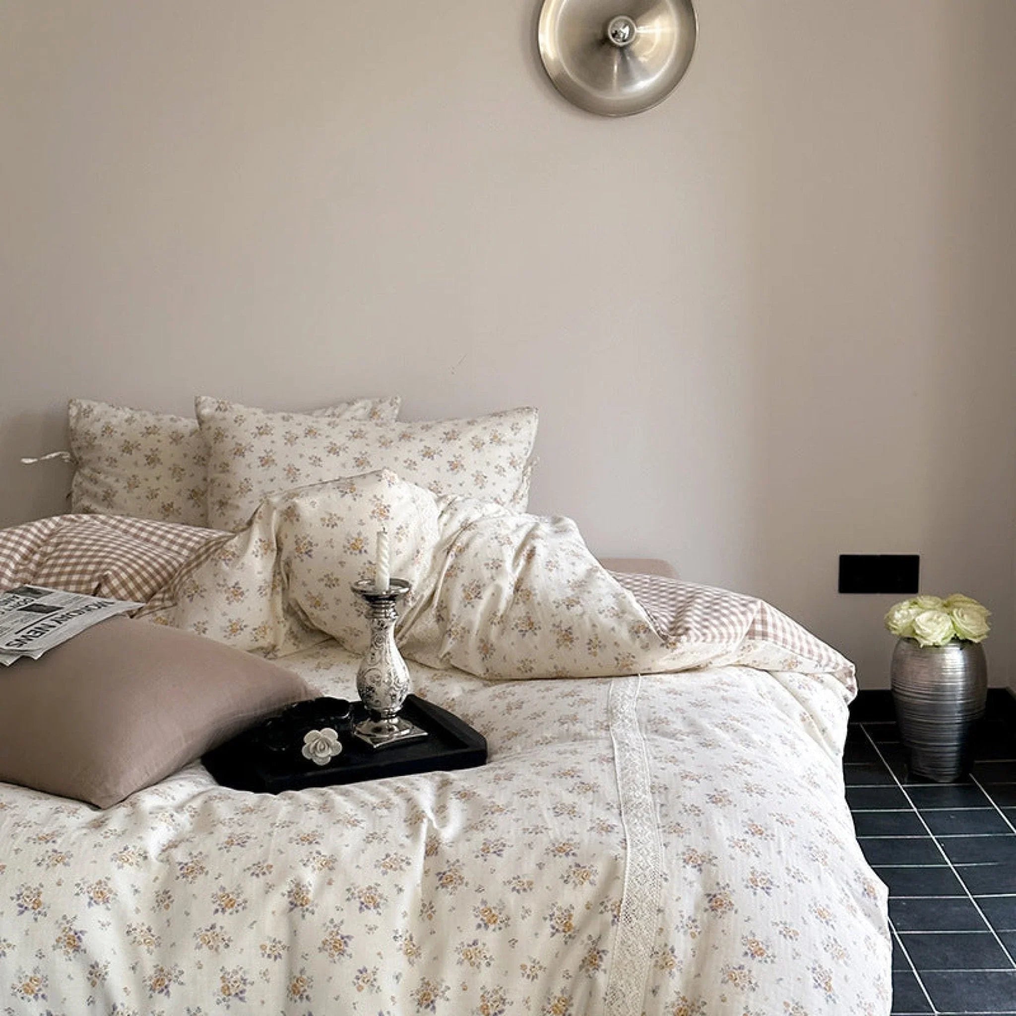 Rosalie Floral Lace Gingham Bedding Set / Pink Ever Lasting