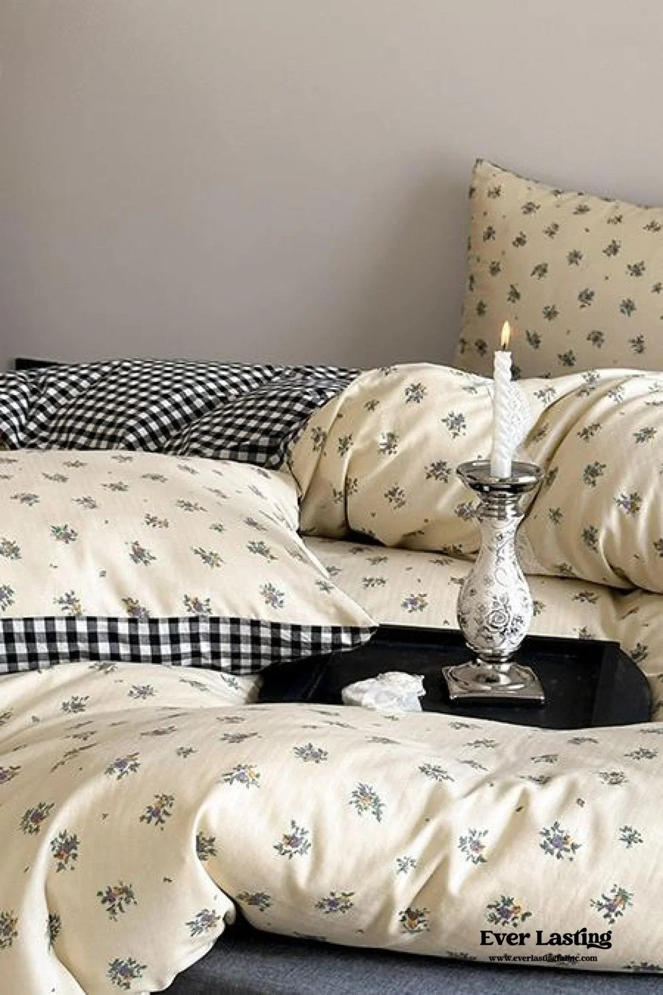 Rosalie Floral Lace Gingham Bedding Set / Pink Ever Lasting