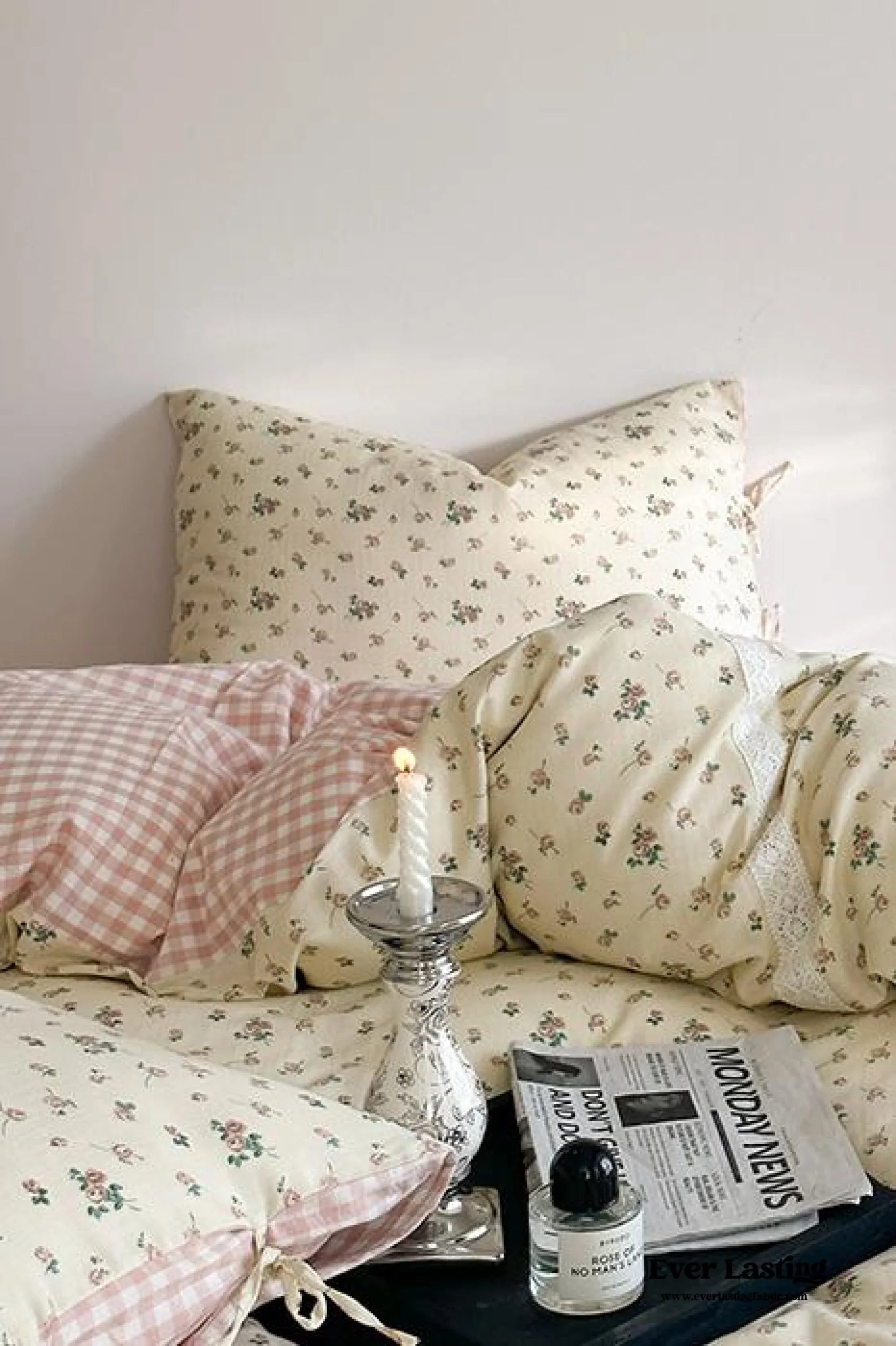 Rosalie Floral Lace Gingham Bedding Set / Pink Ever Lasting