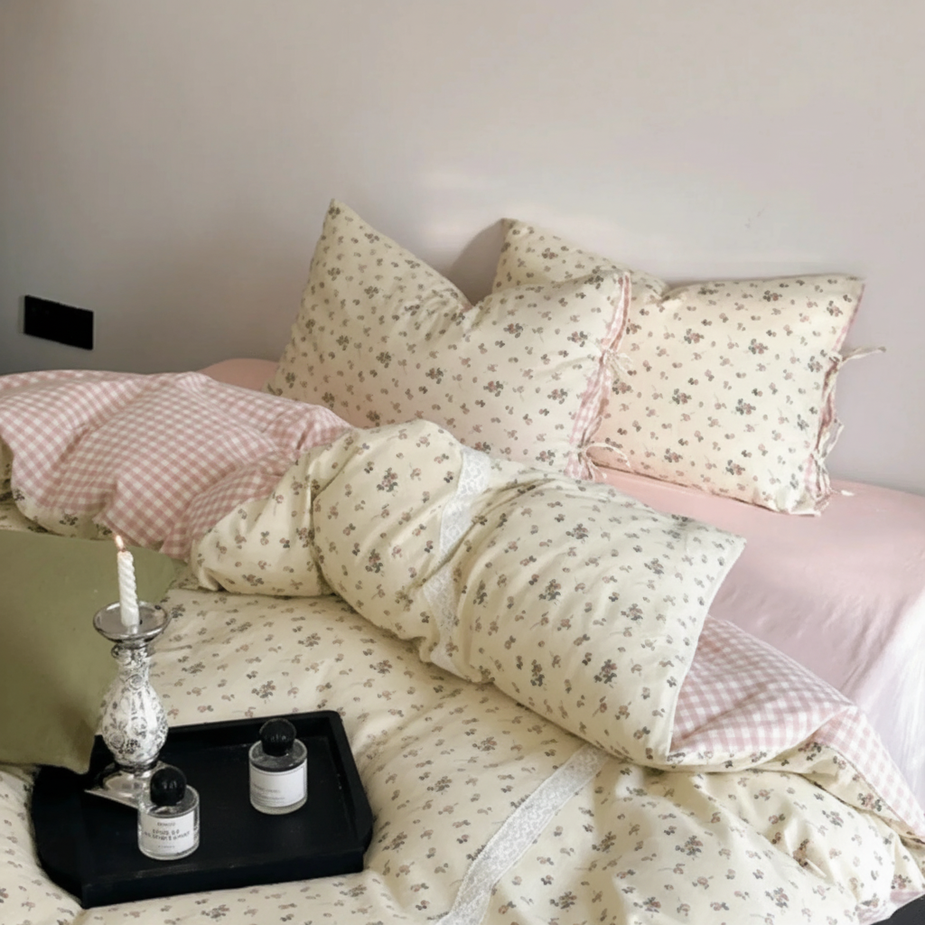 Rosalie Floral Lace Gingham Bedding Set / Pink Ever Lasting
