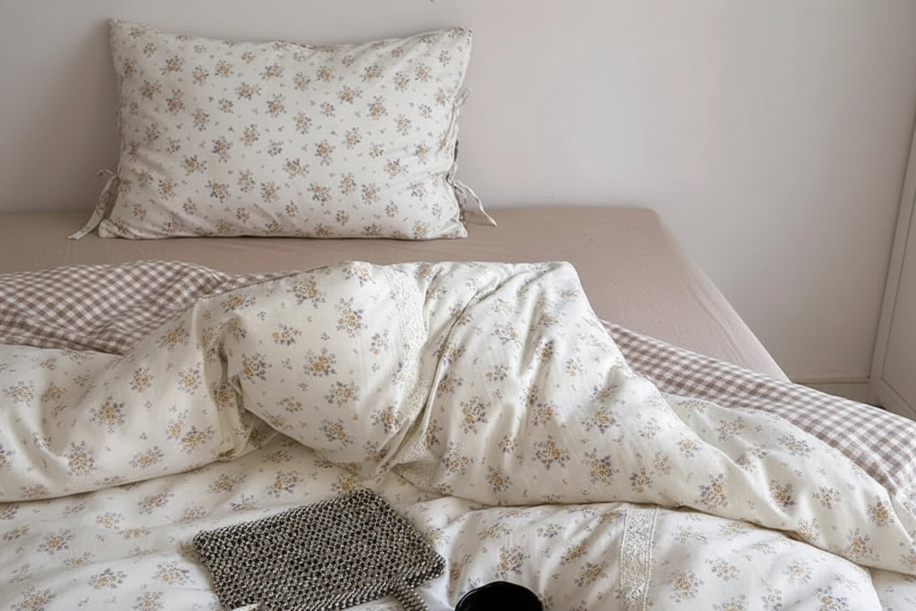 Rosalie Floral Lace Gingham Bedding Set / Pink Ever Lasting