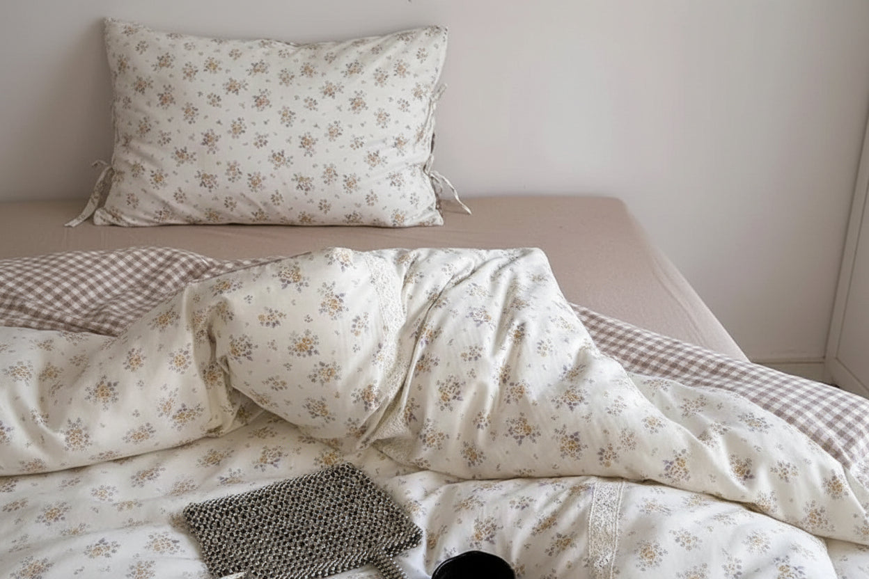 Rosalie Floral Lace Gingham Bedding Set / Pink Ever Lasting