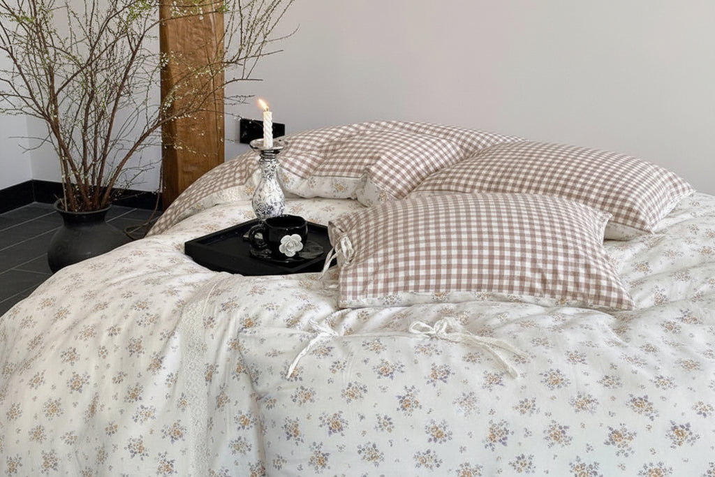 Rosalie Floral Lace Gingham Bedding Set / Pink Ever Lasting