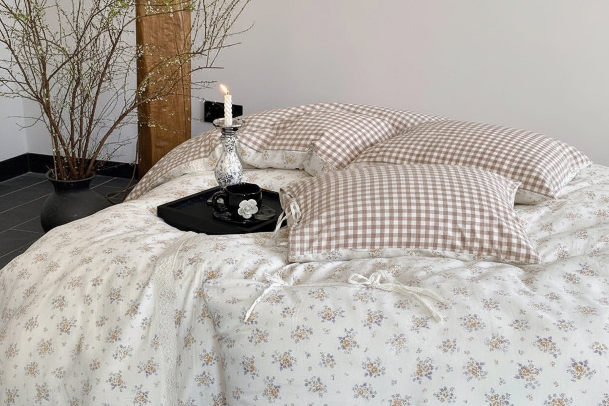 Rosalie Floral Lace Gingham Bedding Set / Pink Ever Lasting