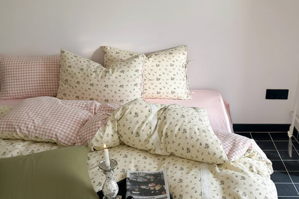 Rosalie Floral Lace Gingham Bedding Set / Pink Ever Lasting