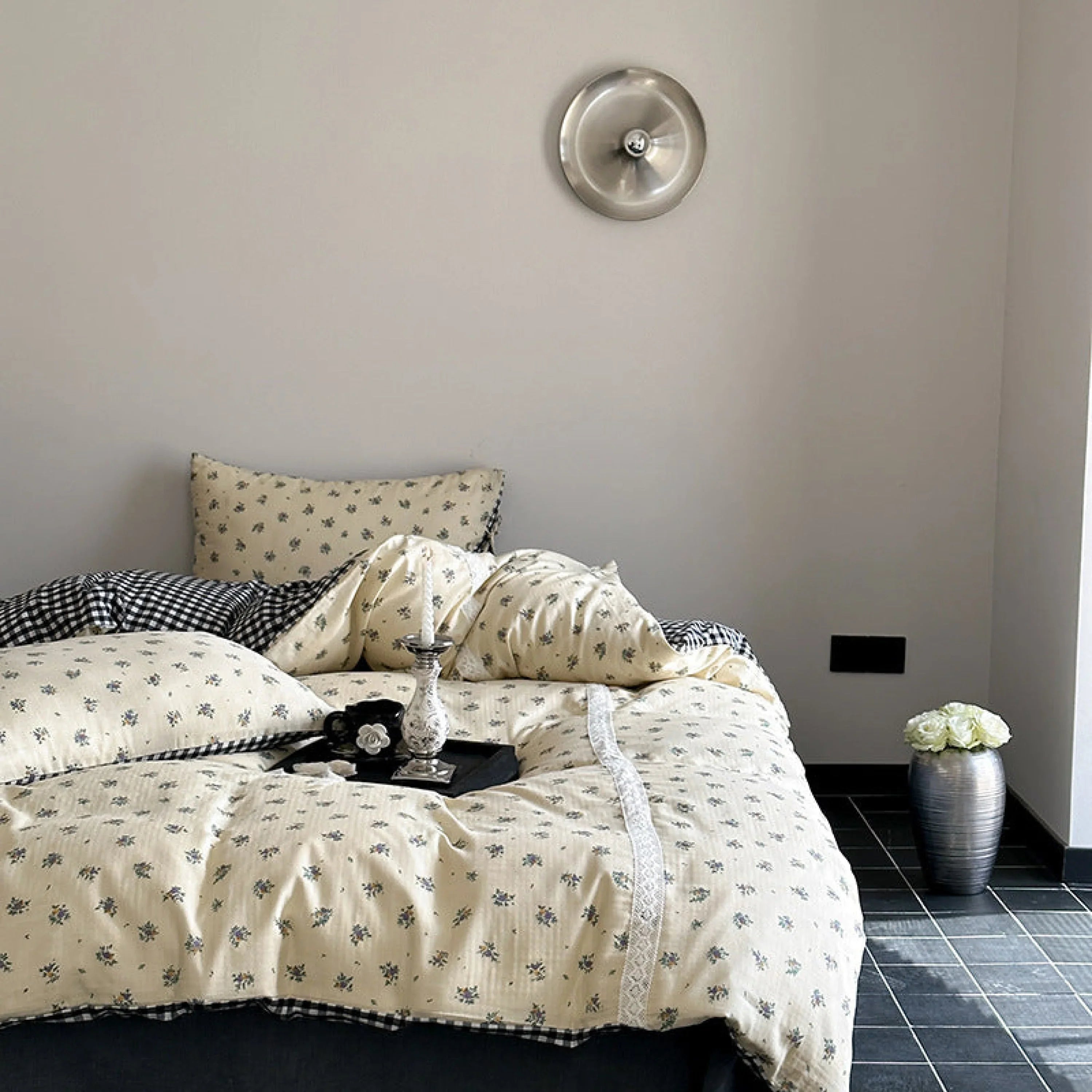 Rosalie Floral Lace Gingham Bedding Set / Pink Ever Lasting