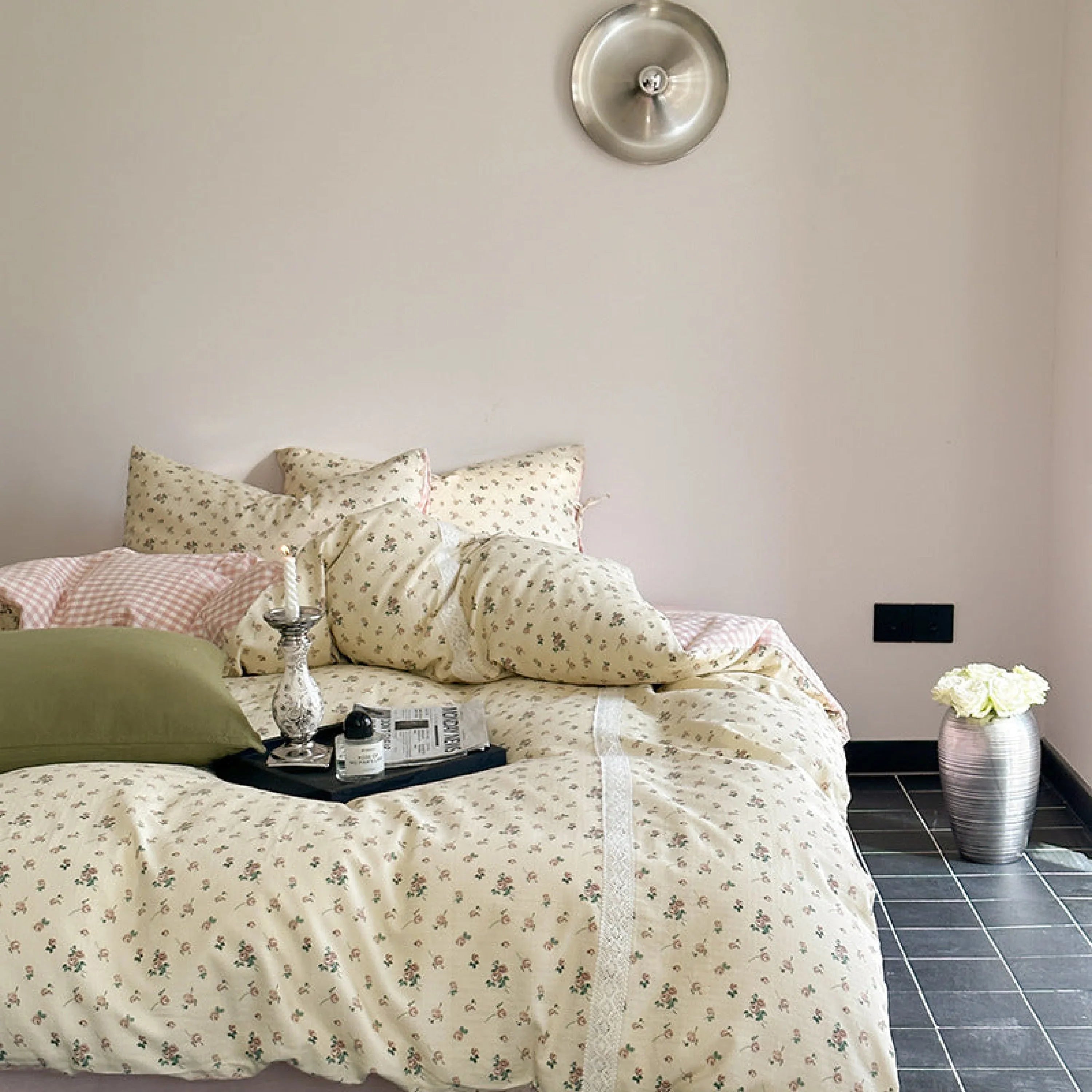 Rosalie Floral Lace Gingham Bedding Set / Pink Ever Lasting