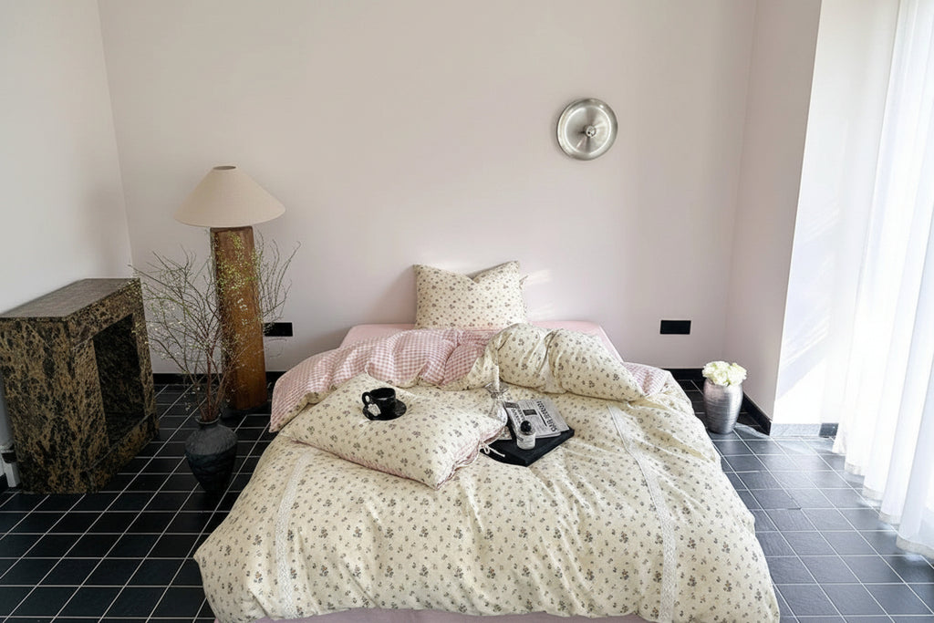 Rosalie Floral Lace Gingham Bedding Set / Pink Ever Lasting