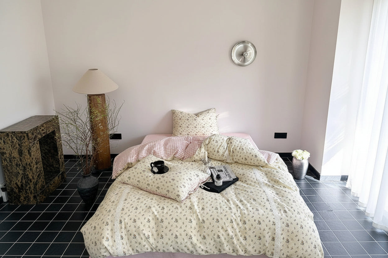 Rosalie Floral Lace Gingham Bedding Set / Pink Ever Lasting