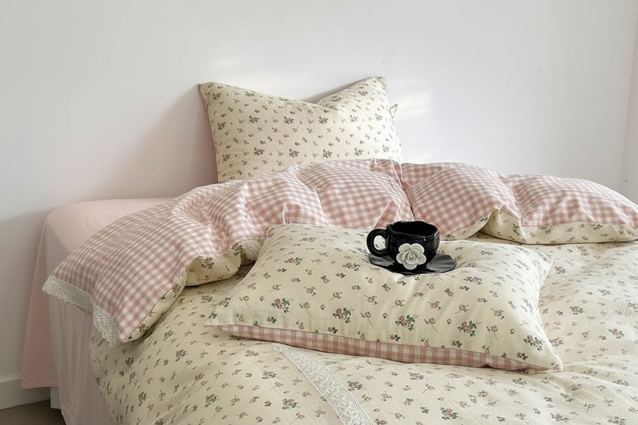 Rosalie Floral Lace Gingham Bedding Set / Pink Ever Lasting