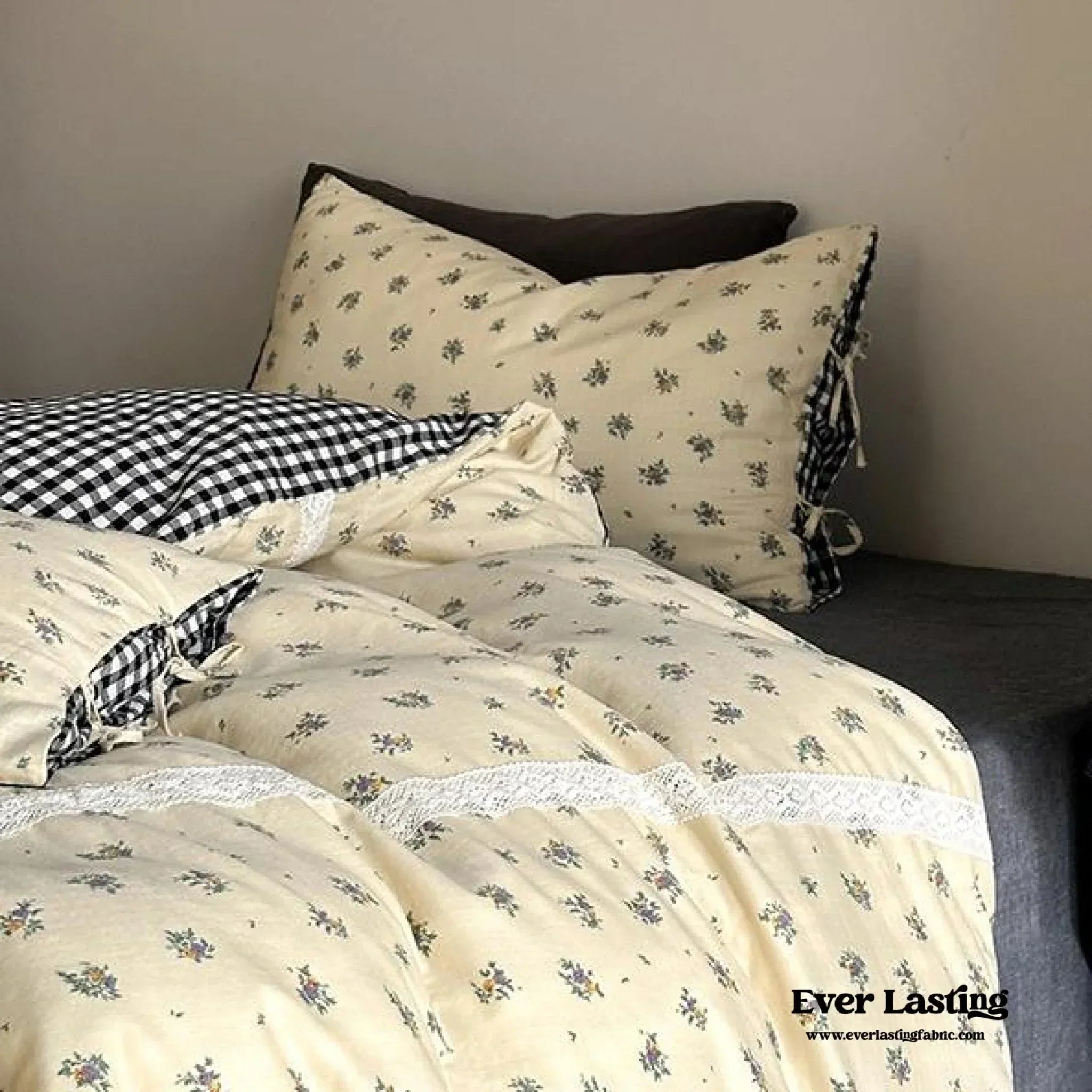 Rosalie Floral Lace Tie-Up Bedding Set / Khaki Ever Lasting