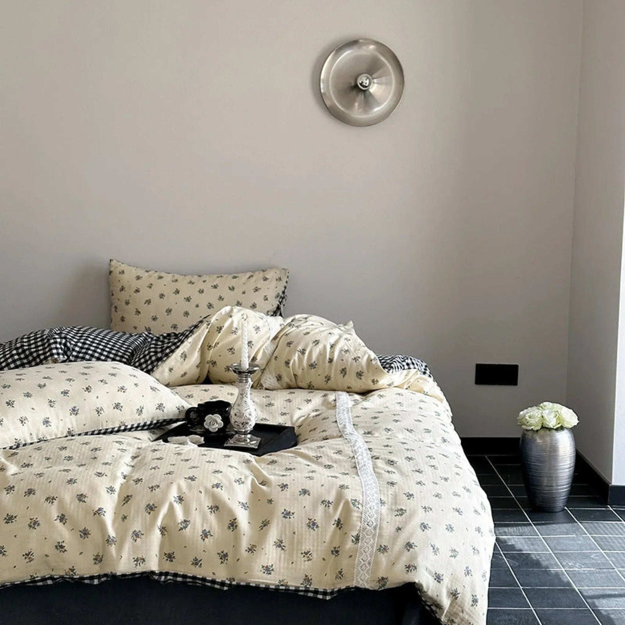 Rosalie Floral Lace Tie-Up Bedding Set / Khaki Ever Lasting