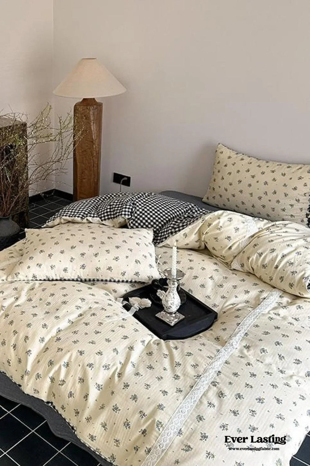 Rosalie Floral Lace Tie-Up Bedding Set / Khaki Ever Lasting