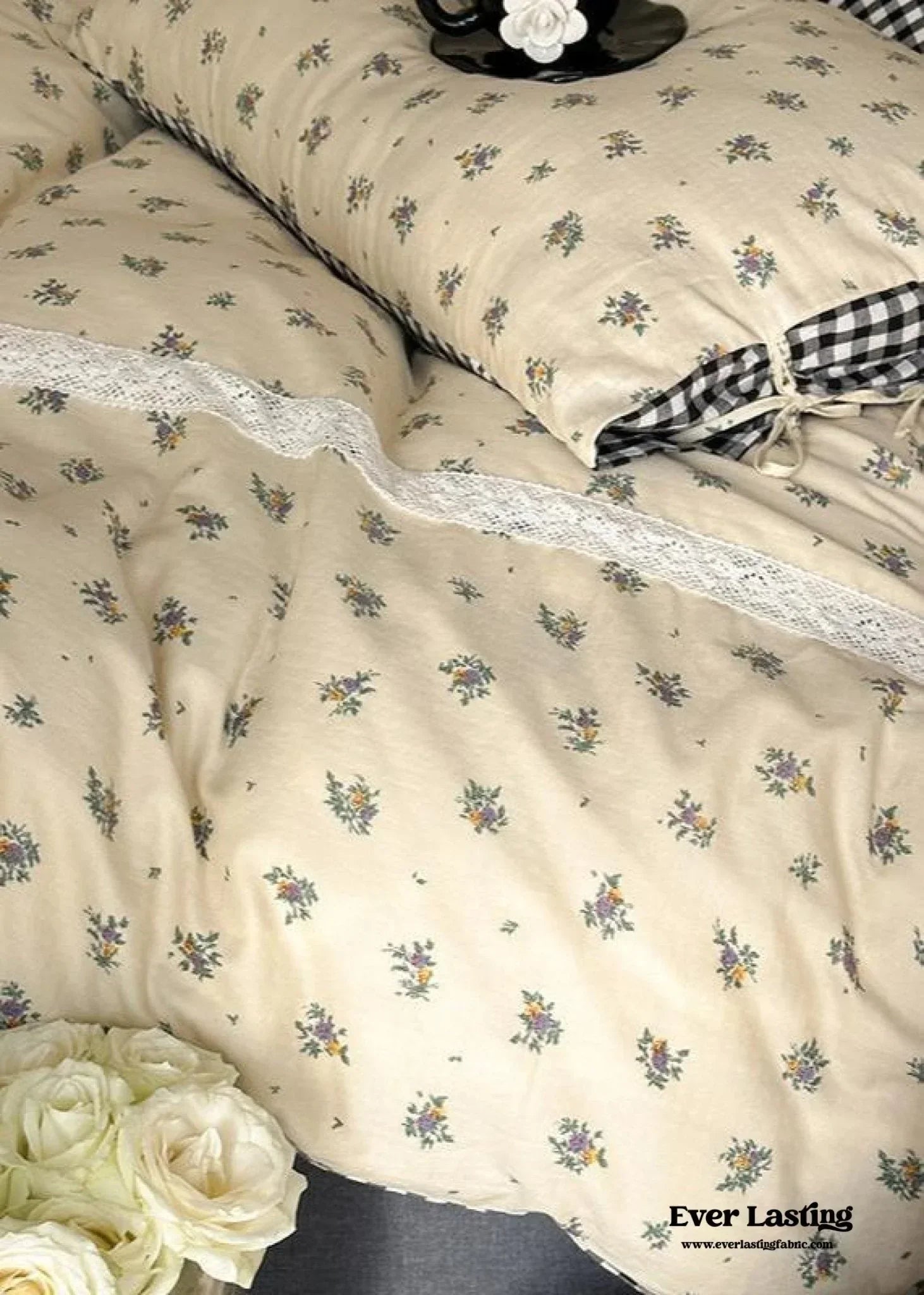 Rosalie Floral Lace Tie-Up Bedding Set / Khaki Ever Lasting