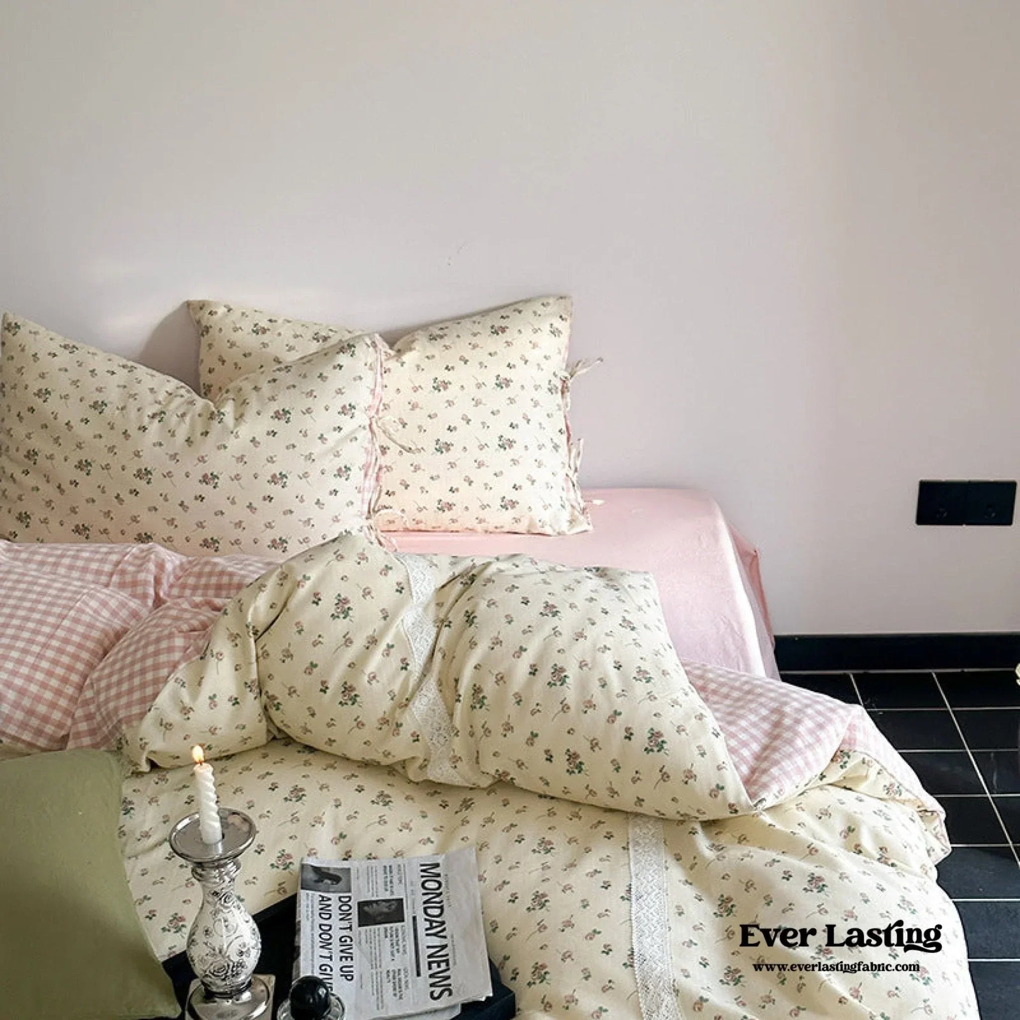 Rosalie Floral Lace Tie-Up Bedding Set / Khaki Ever Lasting