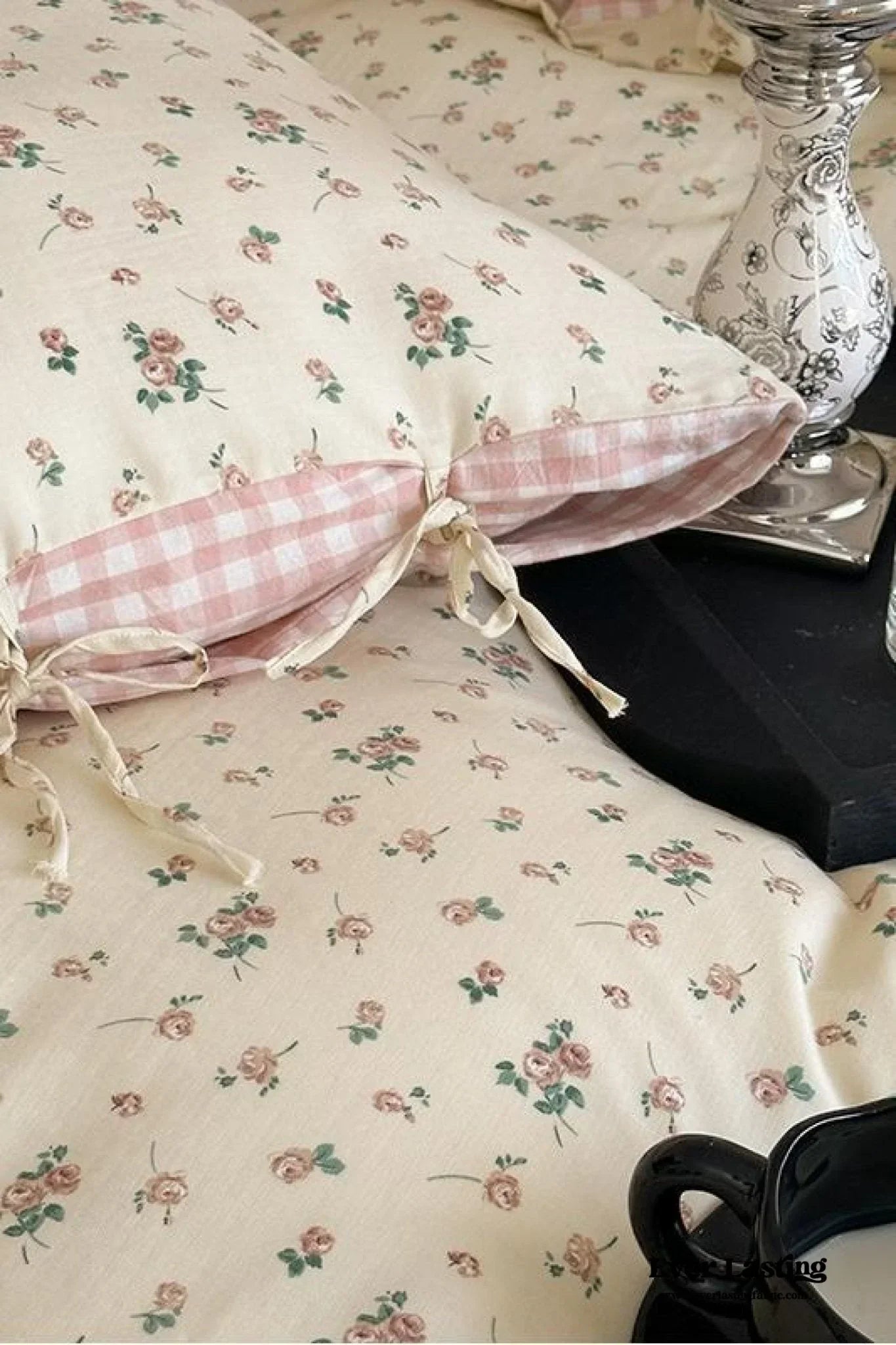 Rosalie Floral Lace Tie-Up Bedding Set / Khaki Ever Lasting