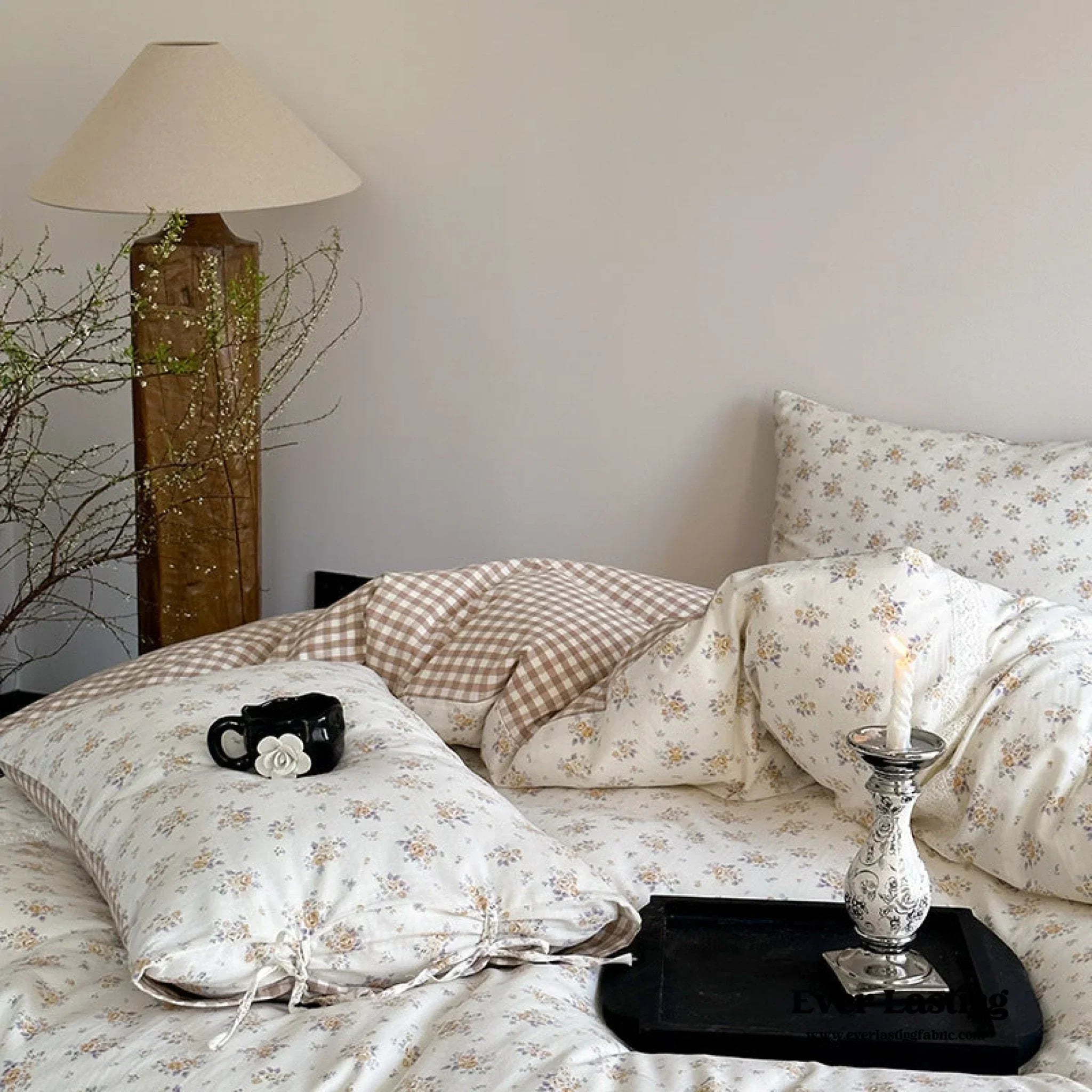 Rosalie Floral Lace Tie-Up Bedding Set / Khaki Ever Lasting