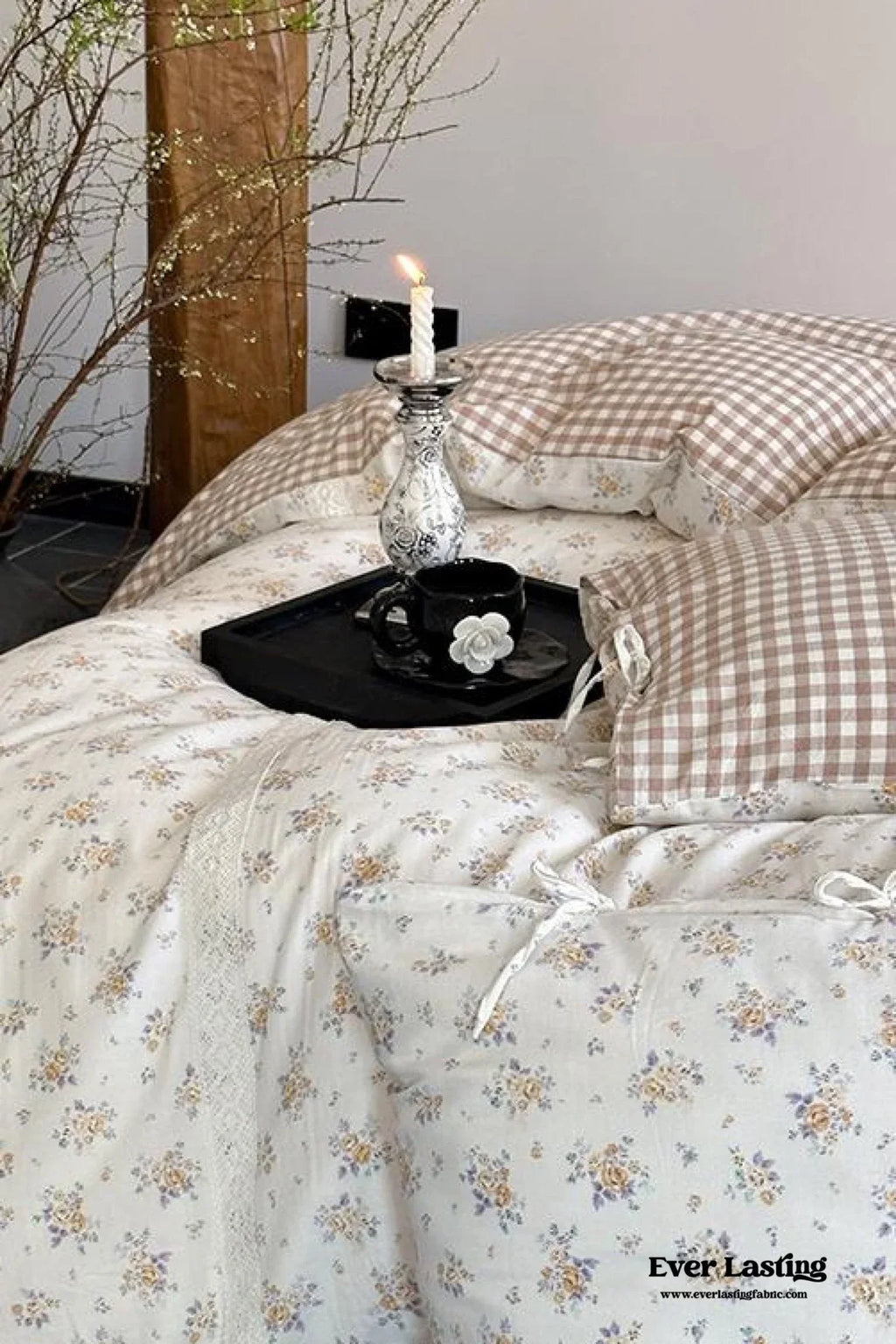 Rosalie Floral Lace Tie-Up Bedding Set / Khaki Ever Lasting