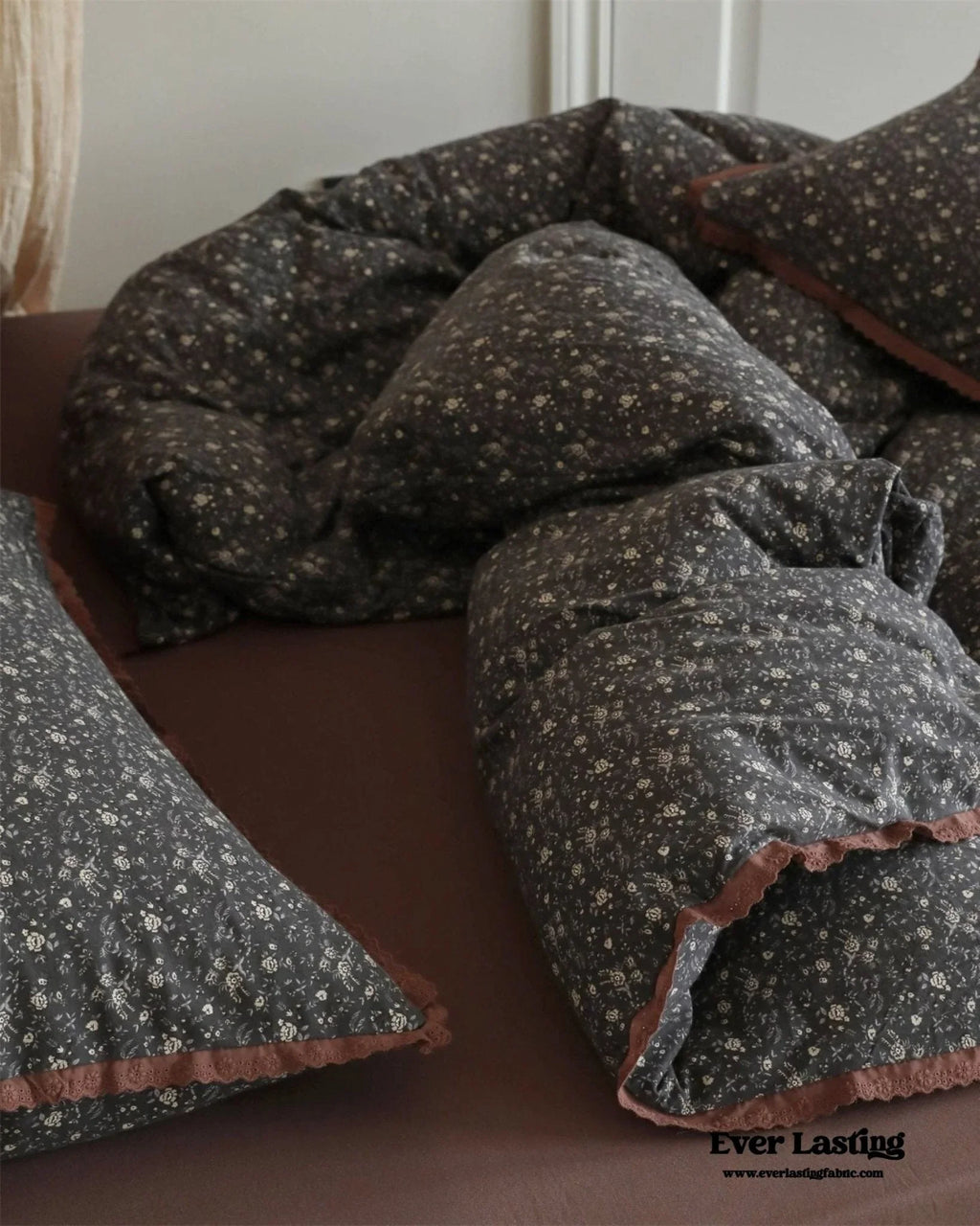 Anaya Rose French Vintage Bedding Set / Black + Brown, angled view - House Of Avana