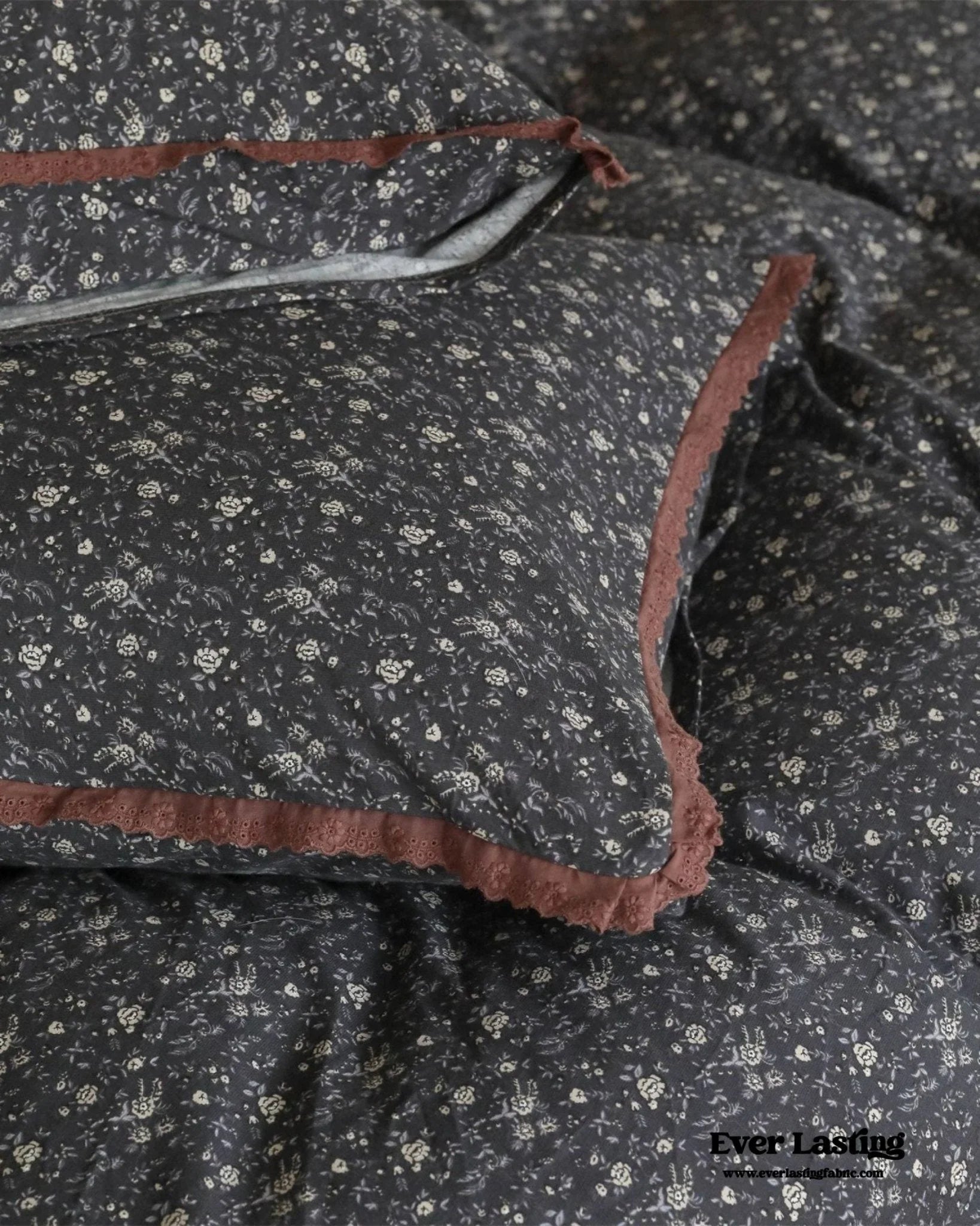 Anaya Rose French Vintage Bedding Set / Black + Brown, angled view - House Of Avana