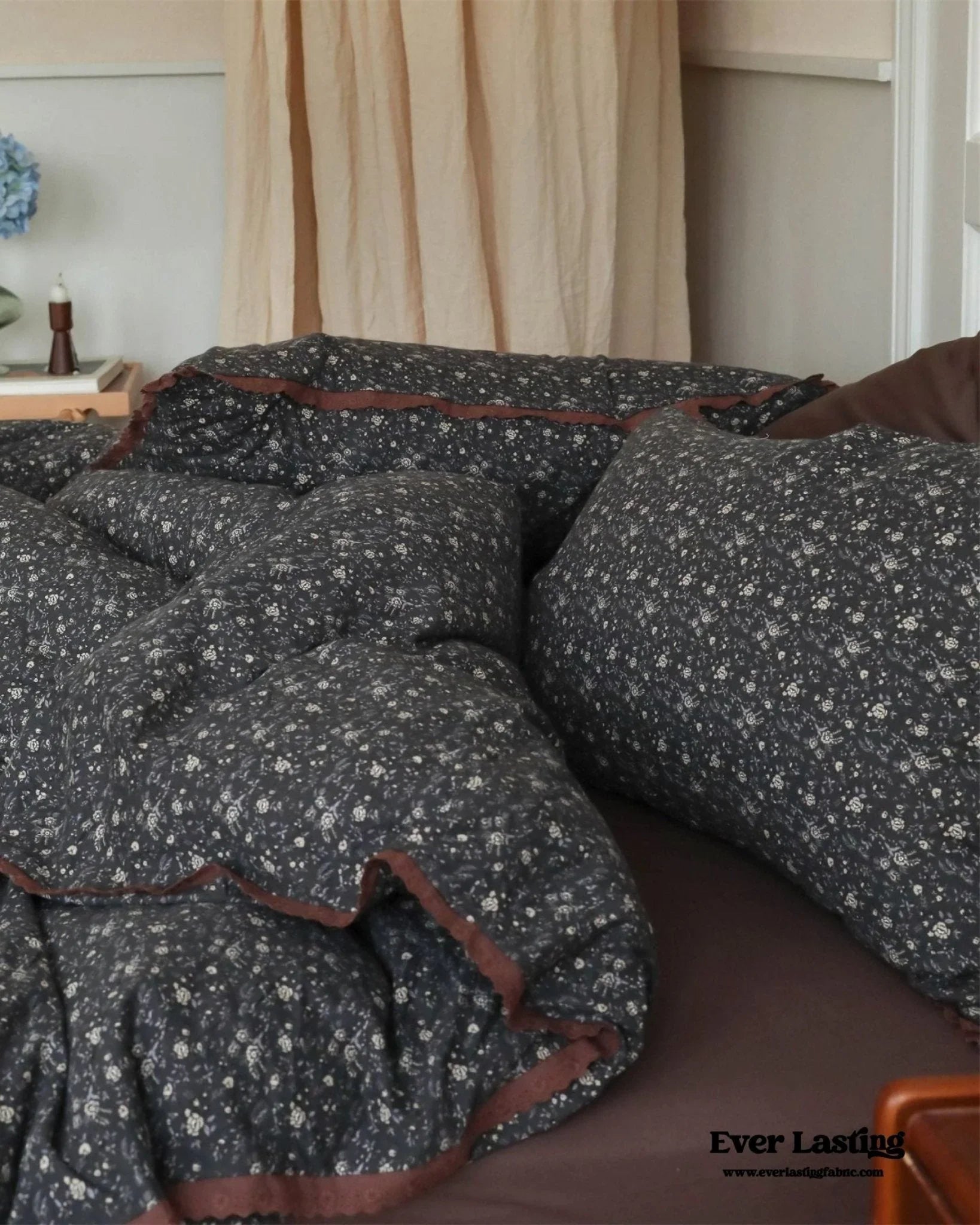 Anaya Rose French Vintage Bedding Set / Black + Brown, top view - House Of Avana