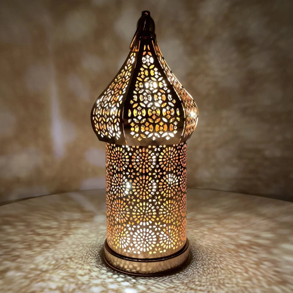 Moroccan Rose Golden Hollow LED Lantern, Metal Uplight Lamp, Freestanding Tabletop Decor for Home, Bedroom, Living Room - Battery Powered, No Plug Required, Ideal for Hanukkah, Diwali, Thanksgiving House Of Avana