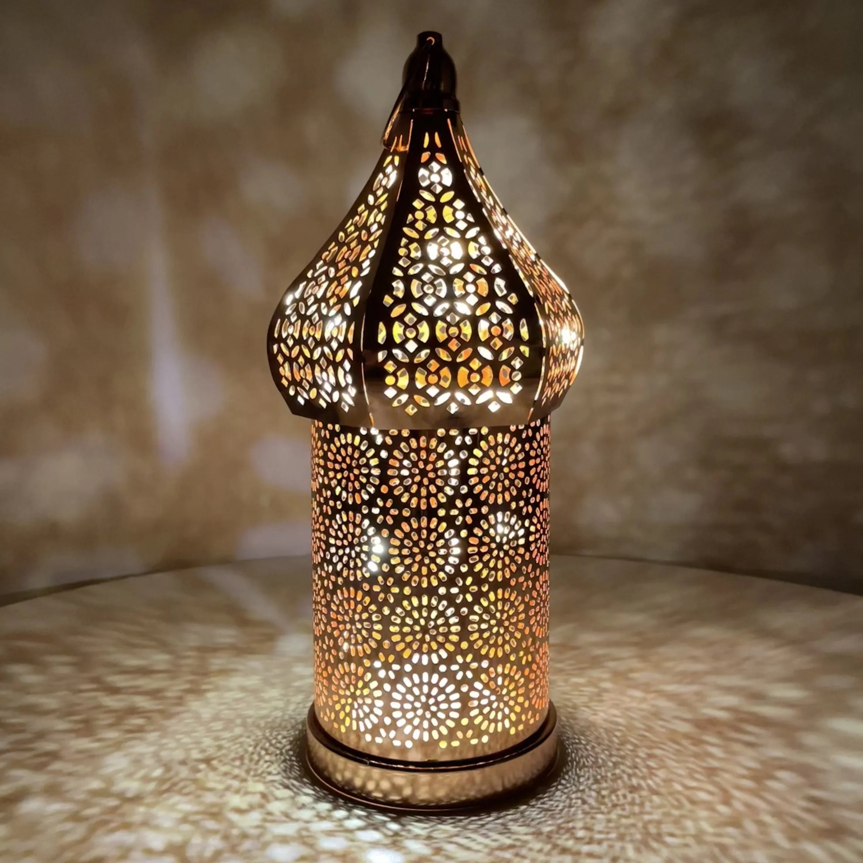 Moroccan Rose Golden Hollow LED Lantern, Metal Uplight Lamp, Freestanding Tabletop Decor for Home, Bedroom, Living Room - Battery Powered, No Plug Required, Ideal for Hanukkah, Diwali, Thanksgiving House Of Avana