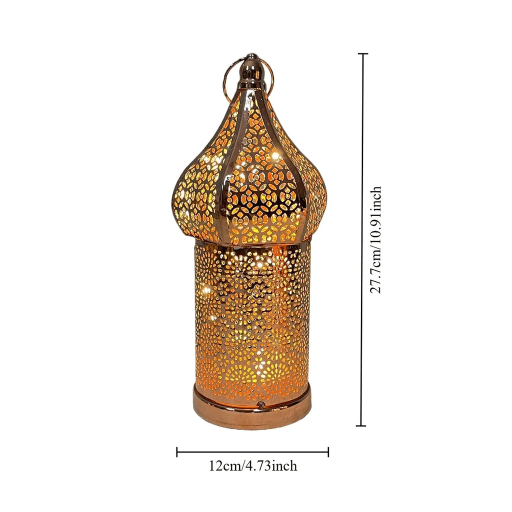Moroccan Rose Golden Hollow LED Lantern, Metal Uplight Lamp, Freestanding Tabletop Decor for Home, Bedroom, Living Room - Battery Powered, No Plug Required, Ideal for Hanukkah, Diwali, Thanksgiving House Of Avana