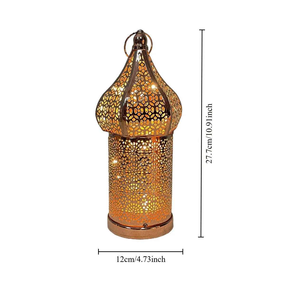 Moroccan Rose Golden Hollow LED Lantern, Metal Uplight Lamp, Freestanding Tabletop Decor for Home, Bedroom, Living Room - Battery Powered, No Plug Required, Ideal for Hanukkah, Diwali, Thanksgiving House Of Avana