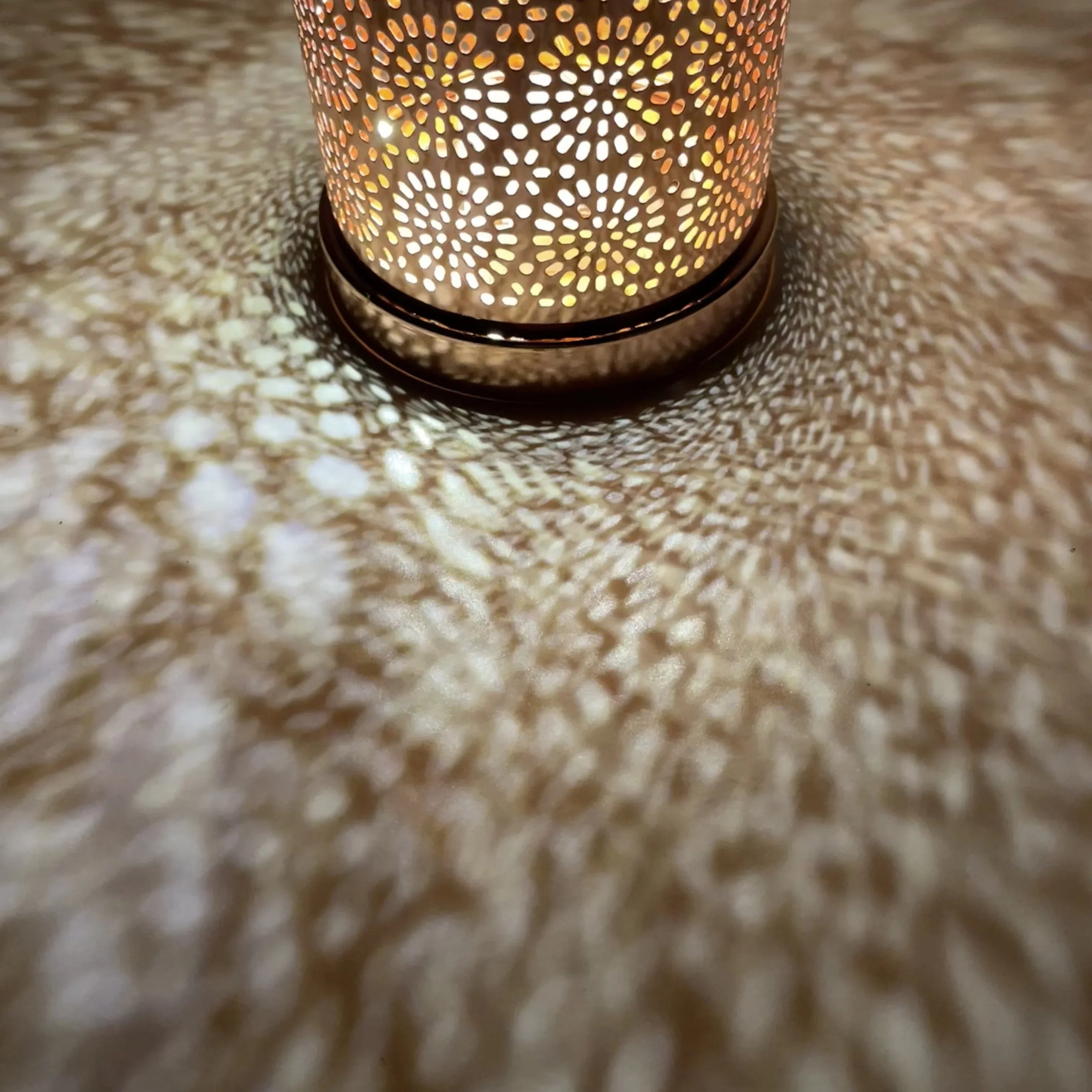 Moroccan Rose Golden Hollow LED Lantern, Metal Uplight Lamp, Freestanding Tabletop Decor for Home, Bedroom, Living Room - Battery Powered, No Plug Required, Ideal for Hanukkah, Diwali, Thanksgiving House Of Avana