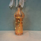 Moroccan Rose Golden Hollow LED Lantern, Metal Uplight Lamp, Freestanding Tabletop Decor for Home, Bedroom, Living Room - Battery Powered, No Plug Required, Ideal for Hanukkah, Diwali, Thanksgiving House Of Avana