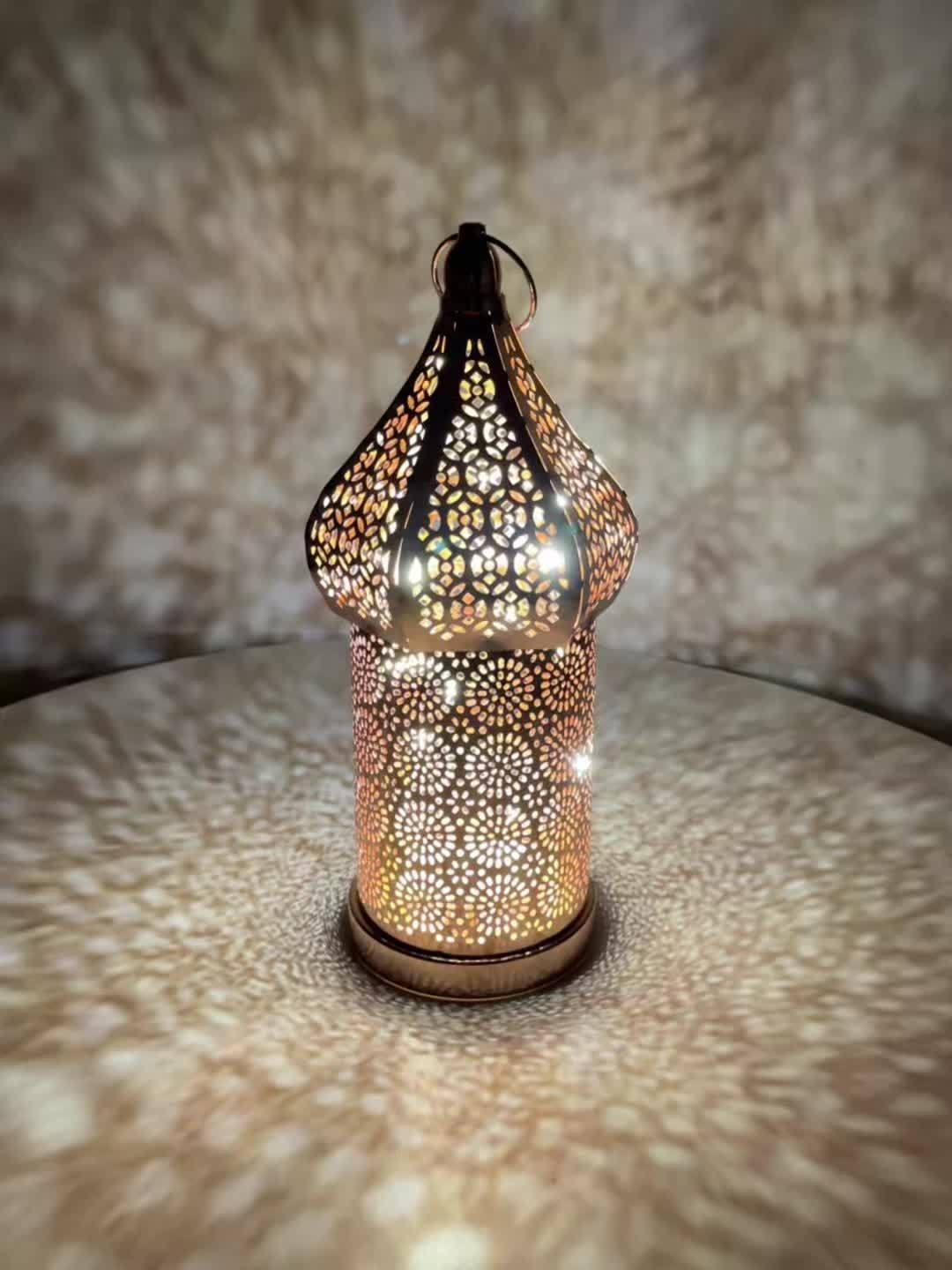 Moroccan Rose Golden Hollow LED Lantern, Metal Uplight Lamp, Freestanding Tabletop Decor for Home, Bedroom, Living Room - Battery Powered, No Plug Required, Ideal for Hanukkah, Diwali, Thanksgiving House Of Avana