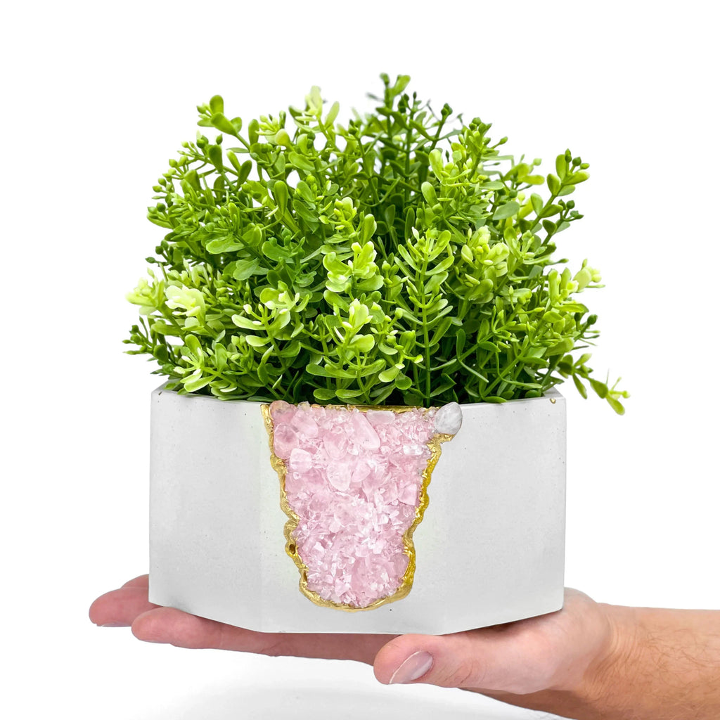 Rose Quartz Geode Planter Natural Stone Crystal Formation Home Decor, front view - House Of Avana
