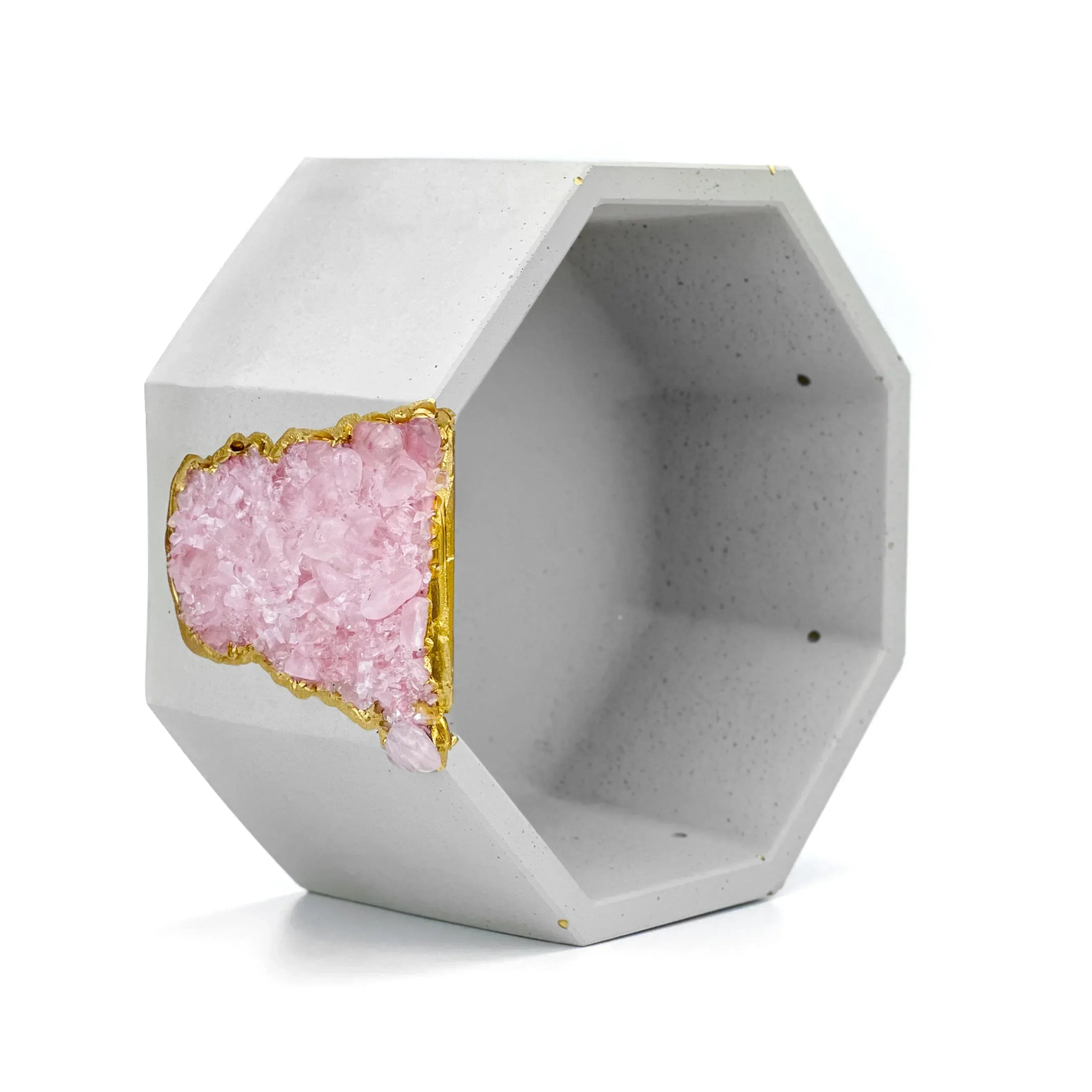 Rose Quartz Geode Planter Natural Stone Crystal Formation Home Decor, angled view - House Of Avana