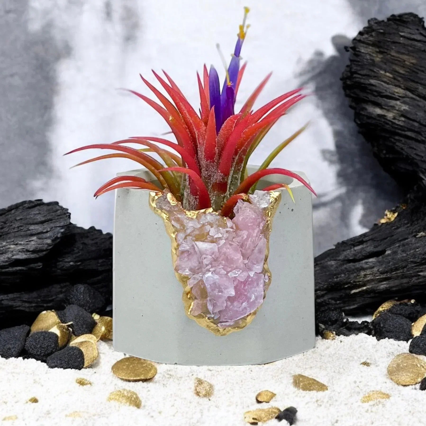 Rose Quartz Geode Planter Natural Stone Crystal Vessel, front view - House Of Avana