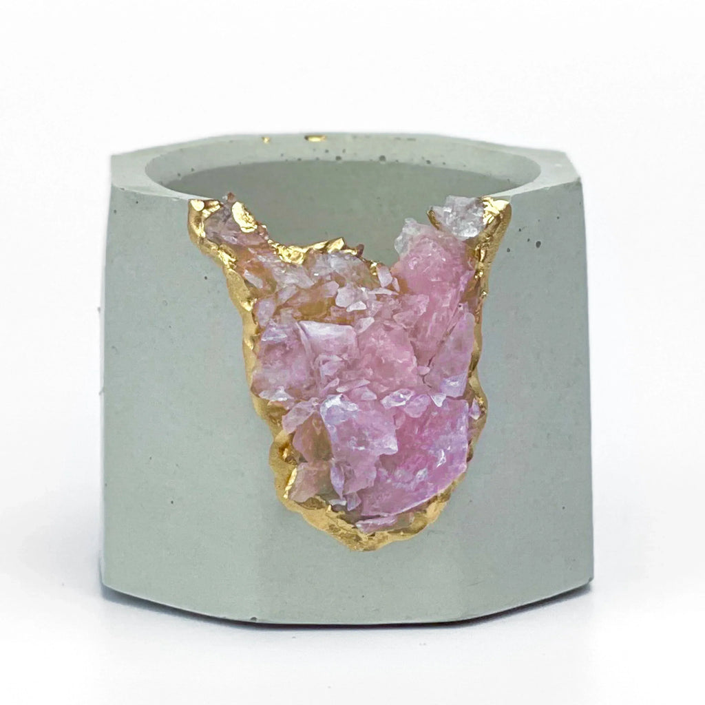 Rose Quartz Geode Planter Natural Stone Crystal Vessel, side view - House Of Avana