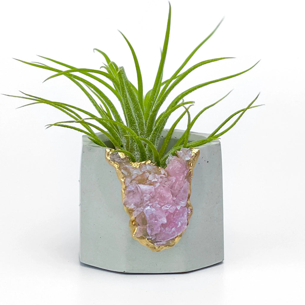 Rose Quartz Geode Planter Natural Stone Crystal Vessel, top view - House Of Avana