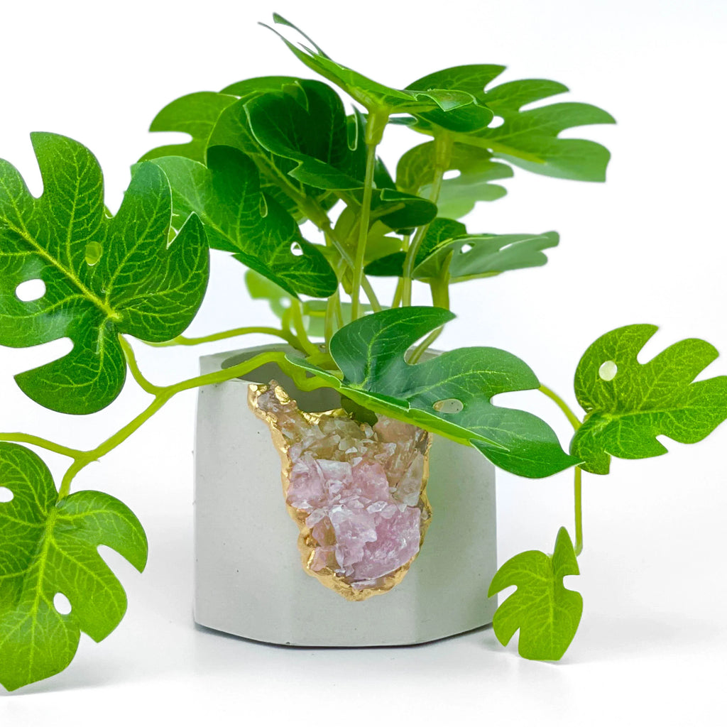 Rose Quartz Geode Planter Natural Stone Crystal Vessel, angled view - House Of Avana